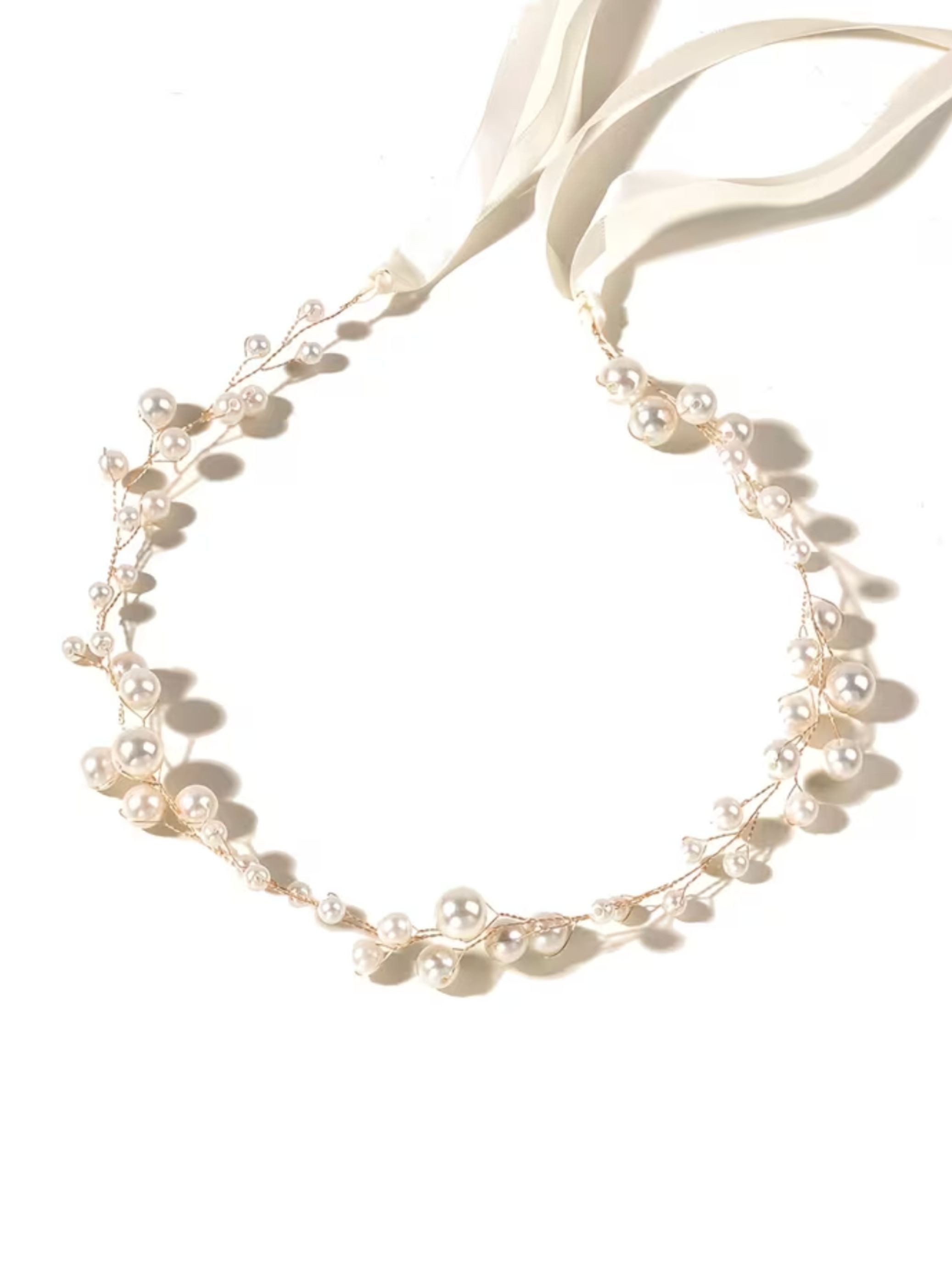 ANNIS WIESBADEN EST. 2021 Haarband Perlen Haarkranz gold mit Seidenband – Haarschmuck Braut Kommunion