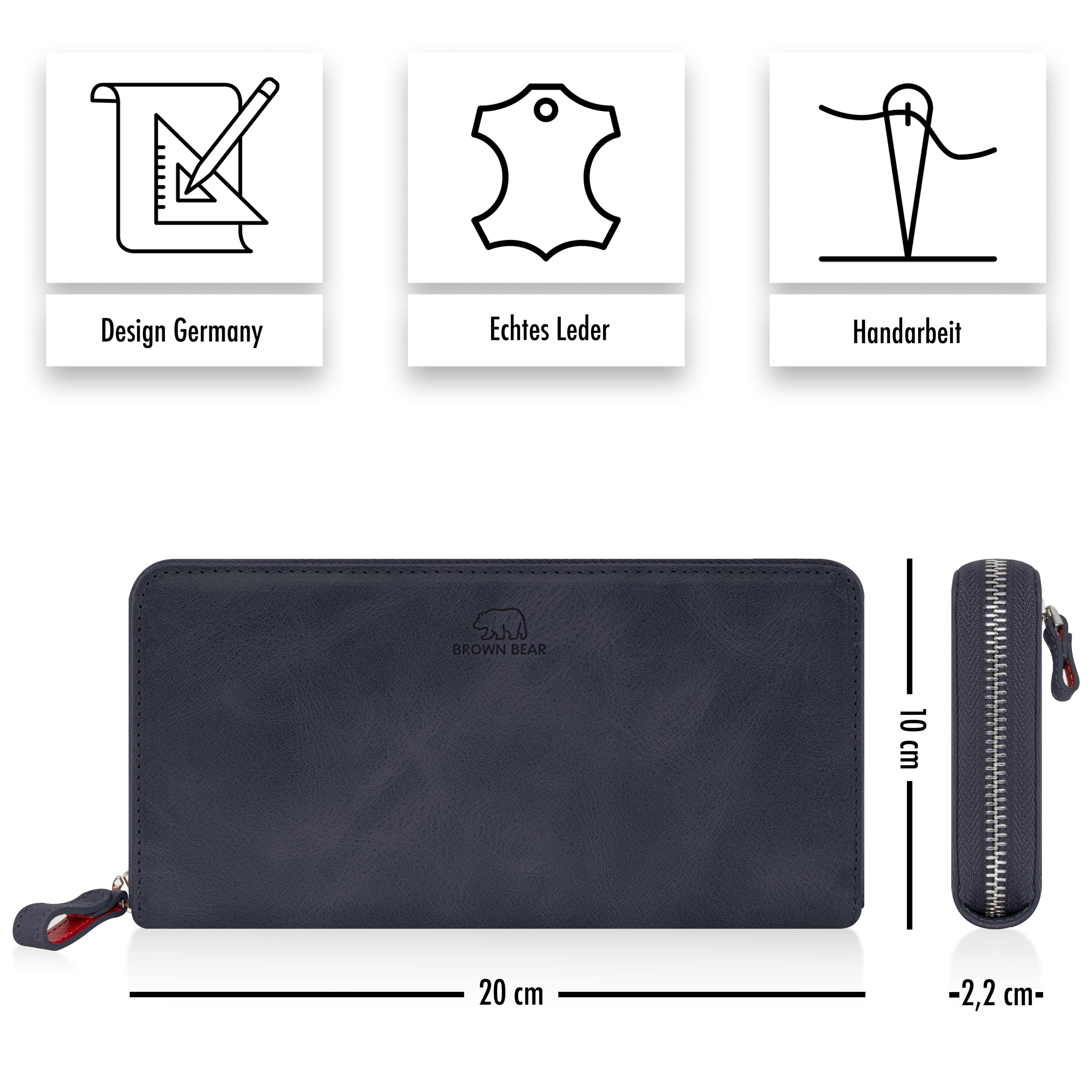 Brown Bear Geldbörse Conny aus Echtleder mit umlaufendem Reißverschluss, mit RFID-Schutz und 13 Kartenfächern Farbe Blau