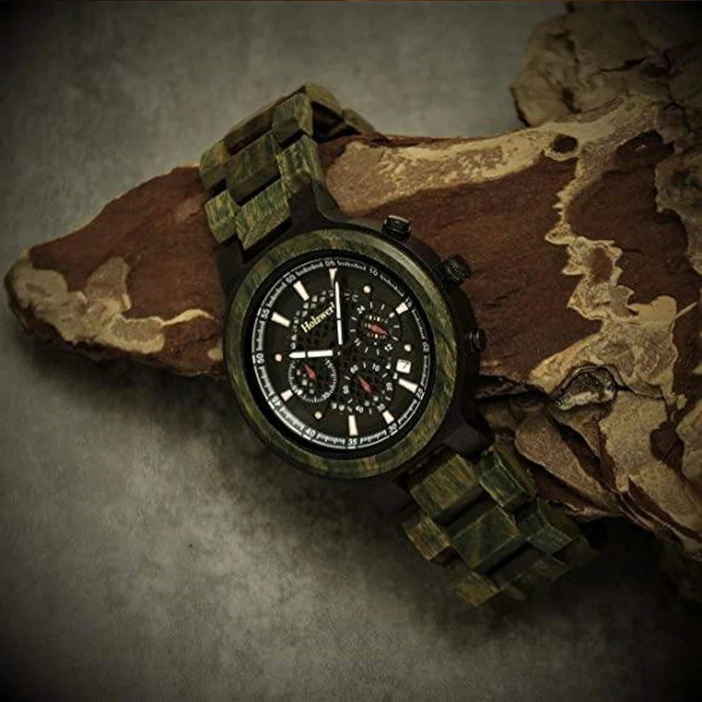 grün, Chronograph Armband in Uhr schwarz BALINGEN Holz mit Herren Holzwerk oliv Datum
