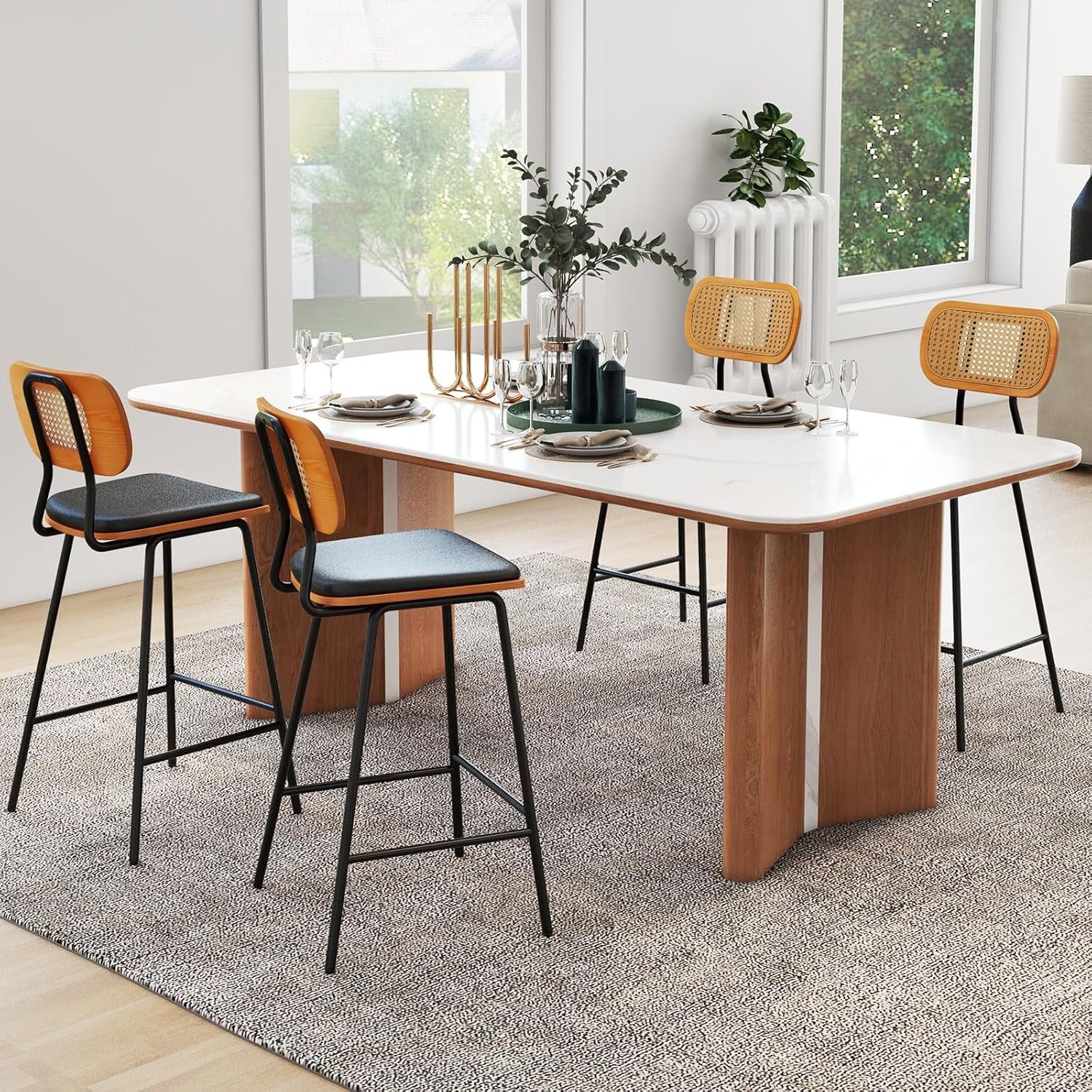 COSTWAY Barhocker, Barstuhl mit Rattan Rückenlehne, Tresenhocker mit Fußstütze