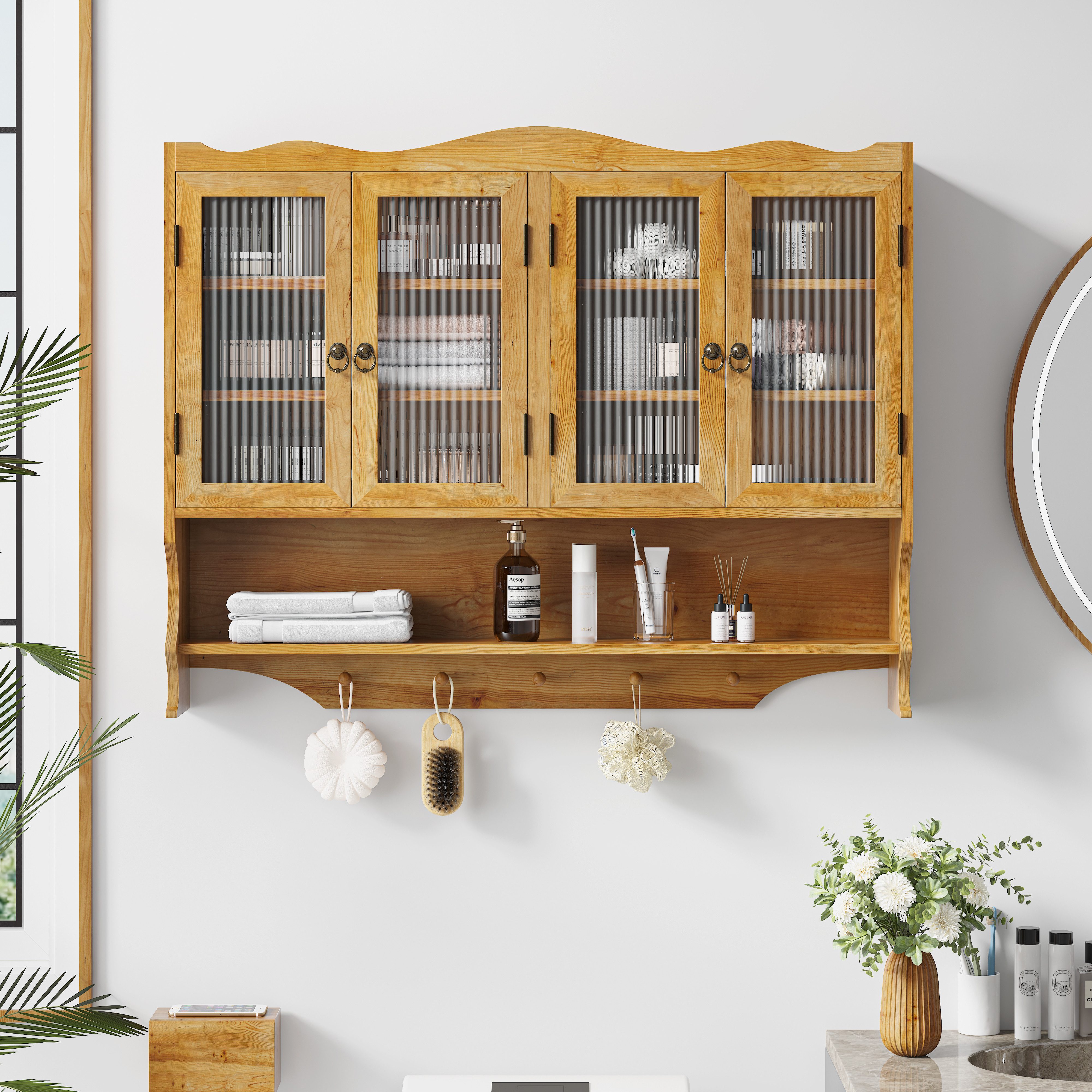 TavilaEcon Wandhängeschrank mit Glastüren & beweglichem Regal für Küche & Badezimmer, retro, 4 Drehtüren & 5 Haken, 100×20×80cm, Natur