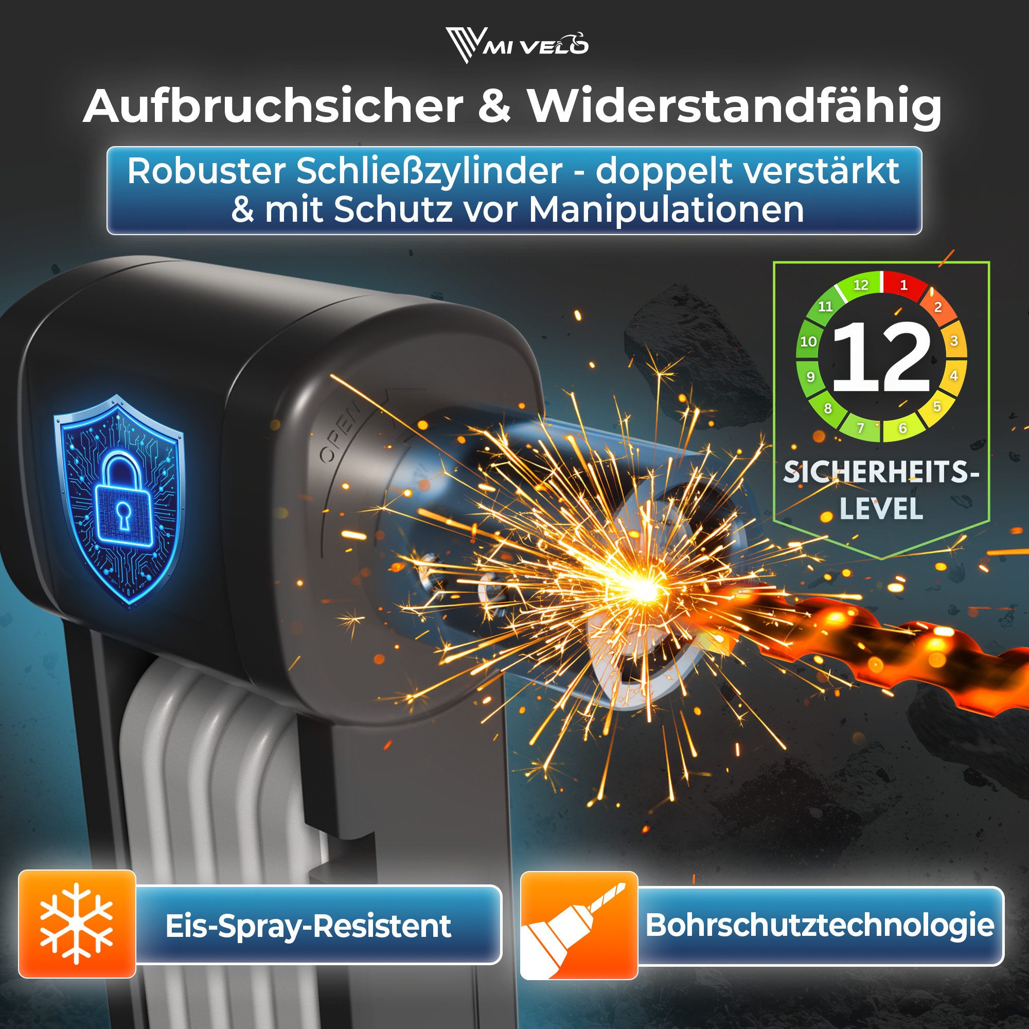 MIVELO Faltschloss hohe Sicherheit, Fahrradschloss mit Schlüssel inkl. Halterung 85 cm, 8 mm Carbonstahl Glieder