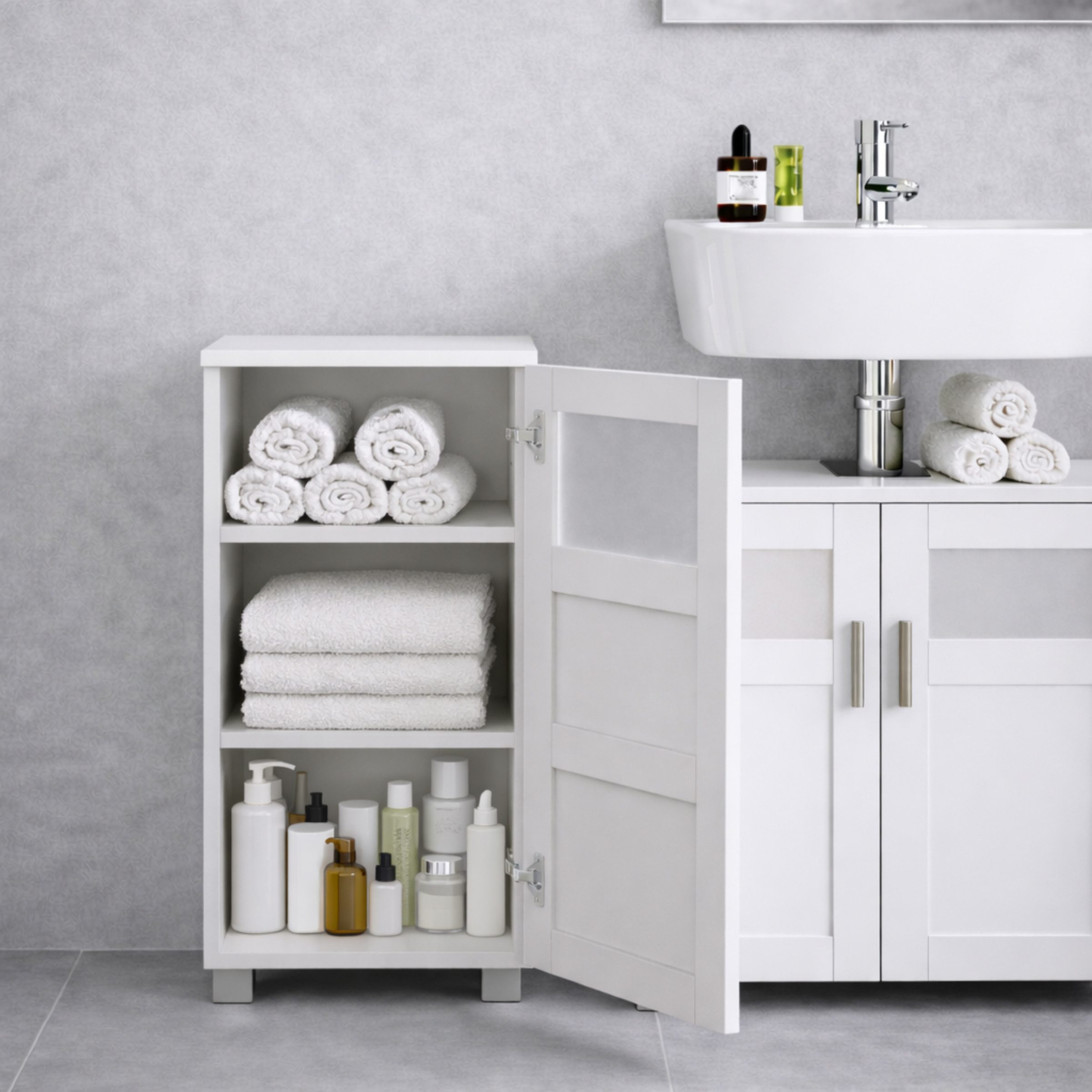 VCM Midischrank Nilari B. 28 x T. 28 x H. 70 cm kompakte Aufbewahrung für Badezimmer, Badmöbel mit Drehtüren, 3 Fächer – Bild 4 von 5