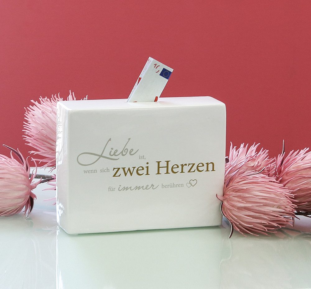 GILDE Dekoobjekt Spardose 56232 Herz an Herz Porzellan Weiß Hochzeit 17,5 cm
