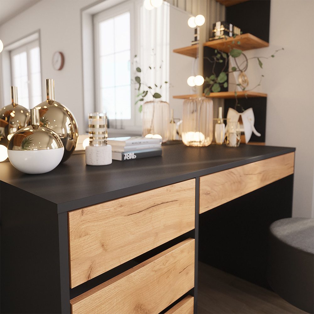 Vicco Schminktisch Sherry, Anthrazit/Goldkraft Eiche, 120 x 75 cm mit LED-Beleuchtung ...