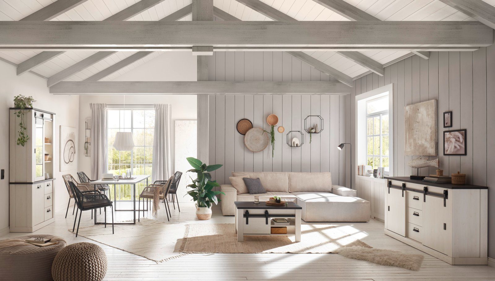 Furn.Design Esstisch Stove (Tisch in Pinie weiß mit Anthrazit, 180 x 80 cm, bis 6 Personen), mit Metallgestell