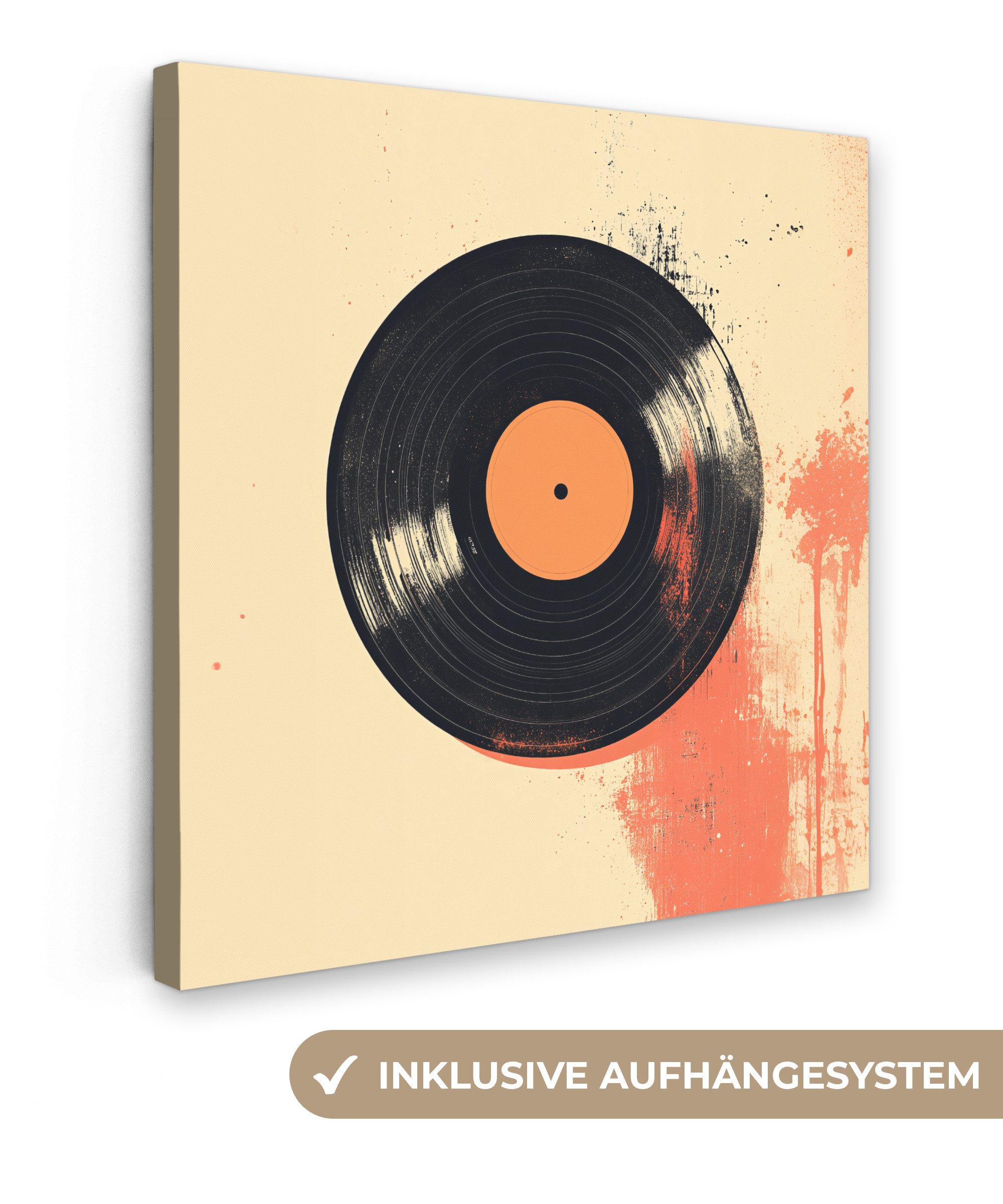 OneMillionCanvasses® Leinwandbild Vinylplatte - Schwarz - Farbspritzer - Retro, Fotodruck (1 St), Wandbild, Deko Schlafzimmer Wohnzimmer Flur 20x20 cm