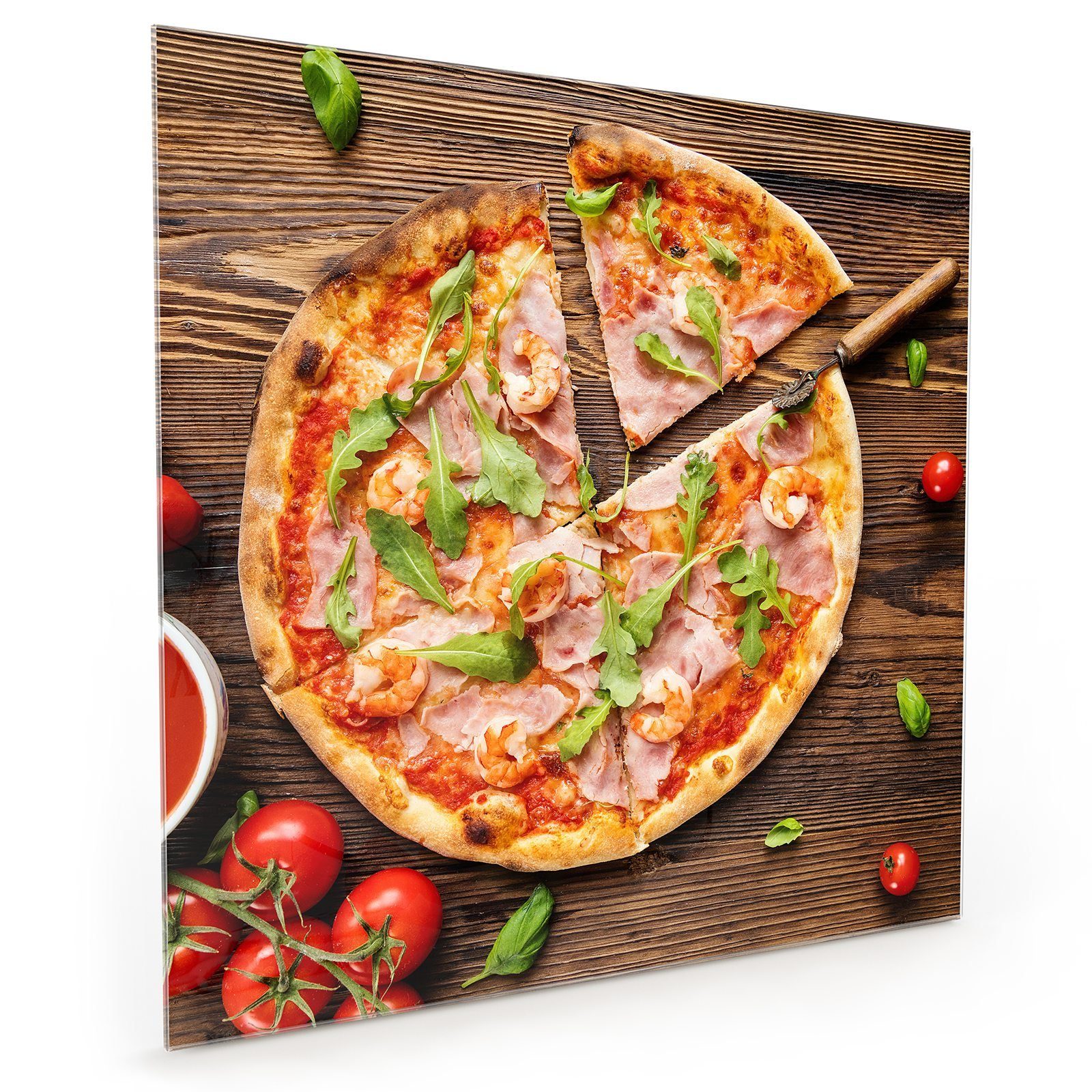 Primedeco Küchenrückwand Küchenrückwand Spritzschutz Glas Holzplatte Pizza mit Motiv auf