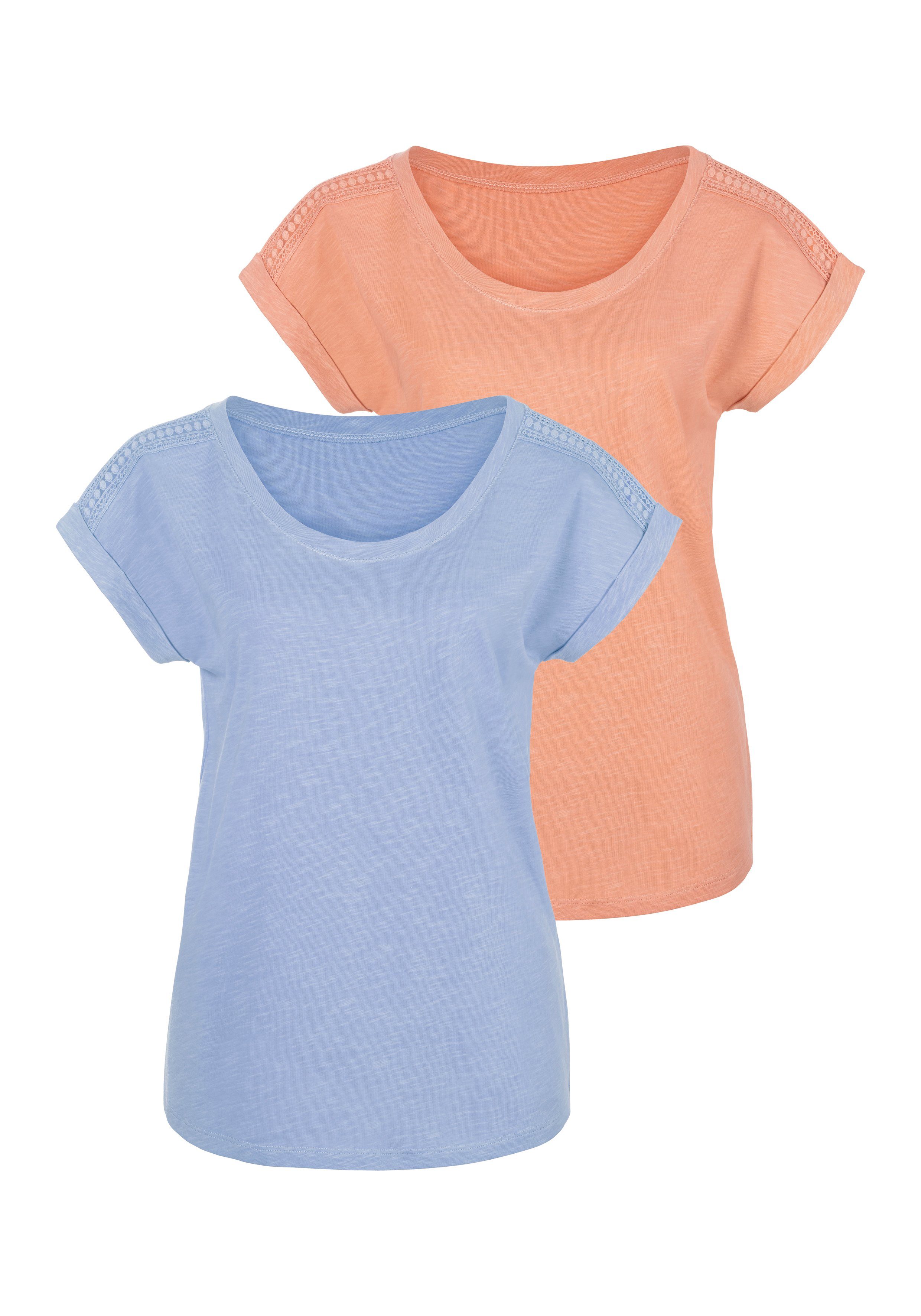 Vivance T-Shirt (Packung, 2er-Pack) Schulter an Häkelspitze hellblau mit orange, der