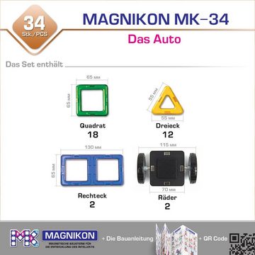MAGNIKON Magnetspielbausteine MK-34 “Das Auto” mit Rädern, 34 Teile, (Magnetische Bausteine, 34 St., verstärkte Magnete), robuster Kunststof