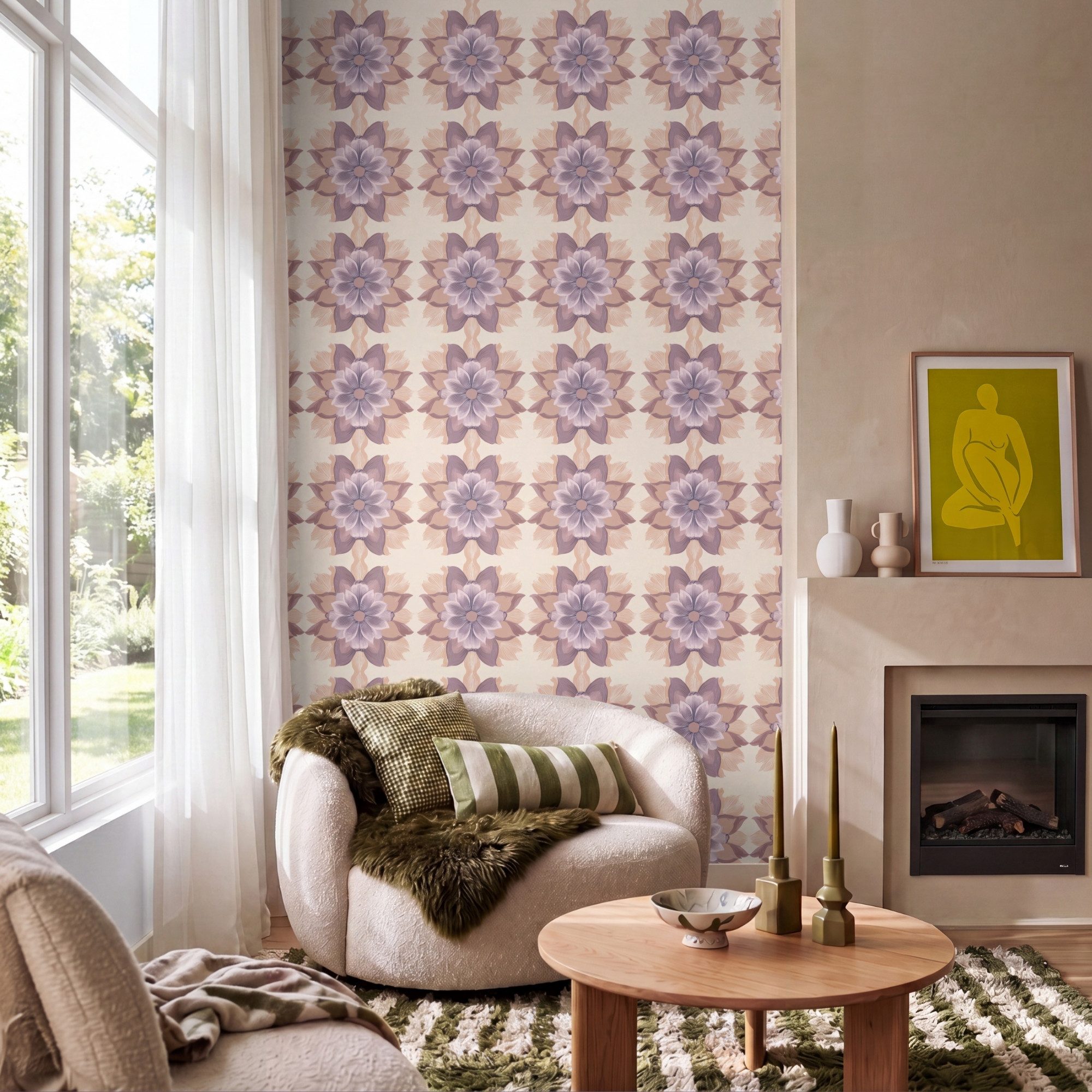 OnlyWow Fototapete Klassisch - Muster - Lila, Matt, bedruckt, Wandtapete, bedruckt, Schlafzimmer 120x200cm