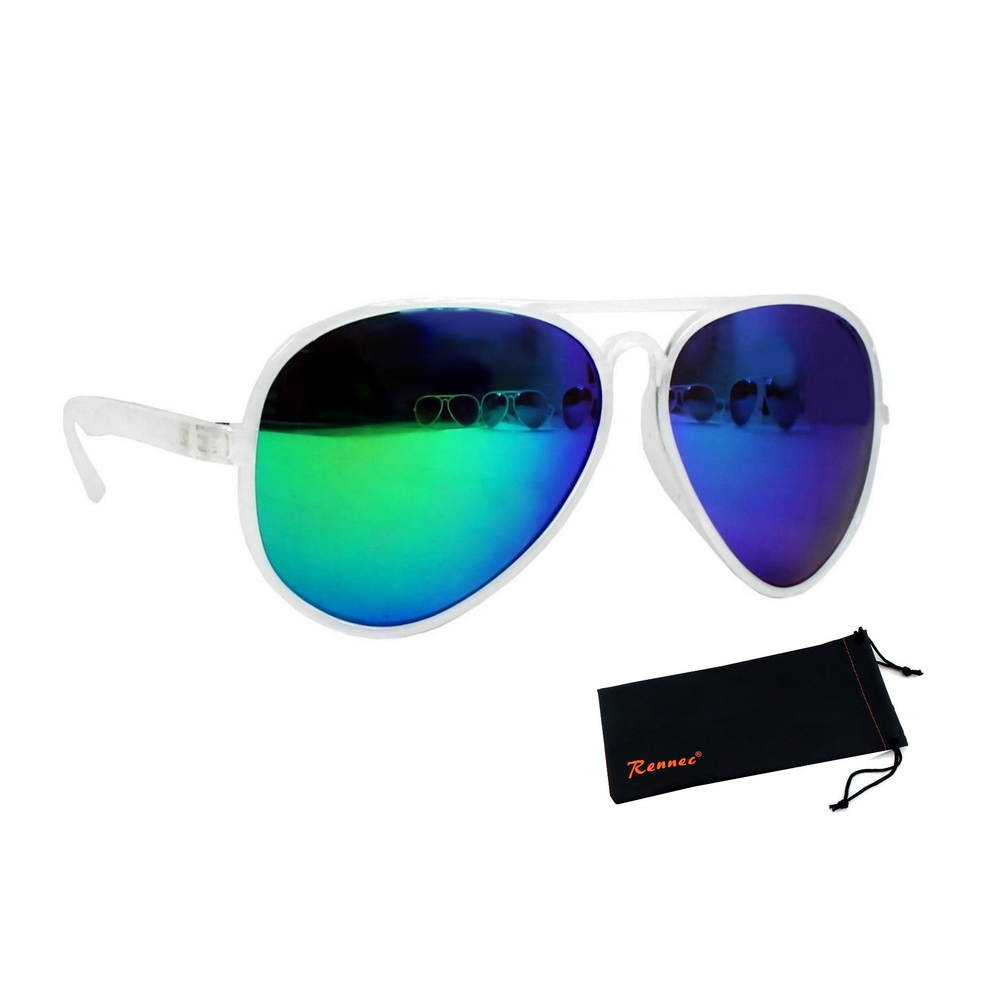 Rennec Sonnenbrille Pilotenbrille Herren Damen aus Kunststoff Leicht und Flexibel Gläser Verspiegelt, Gestell Transparent, inkl. Hardcase