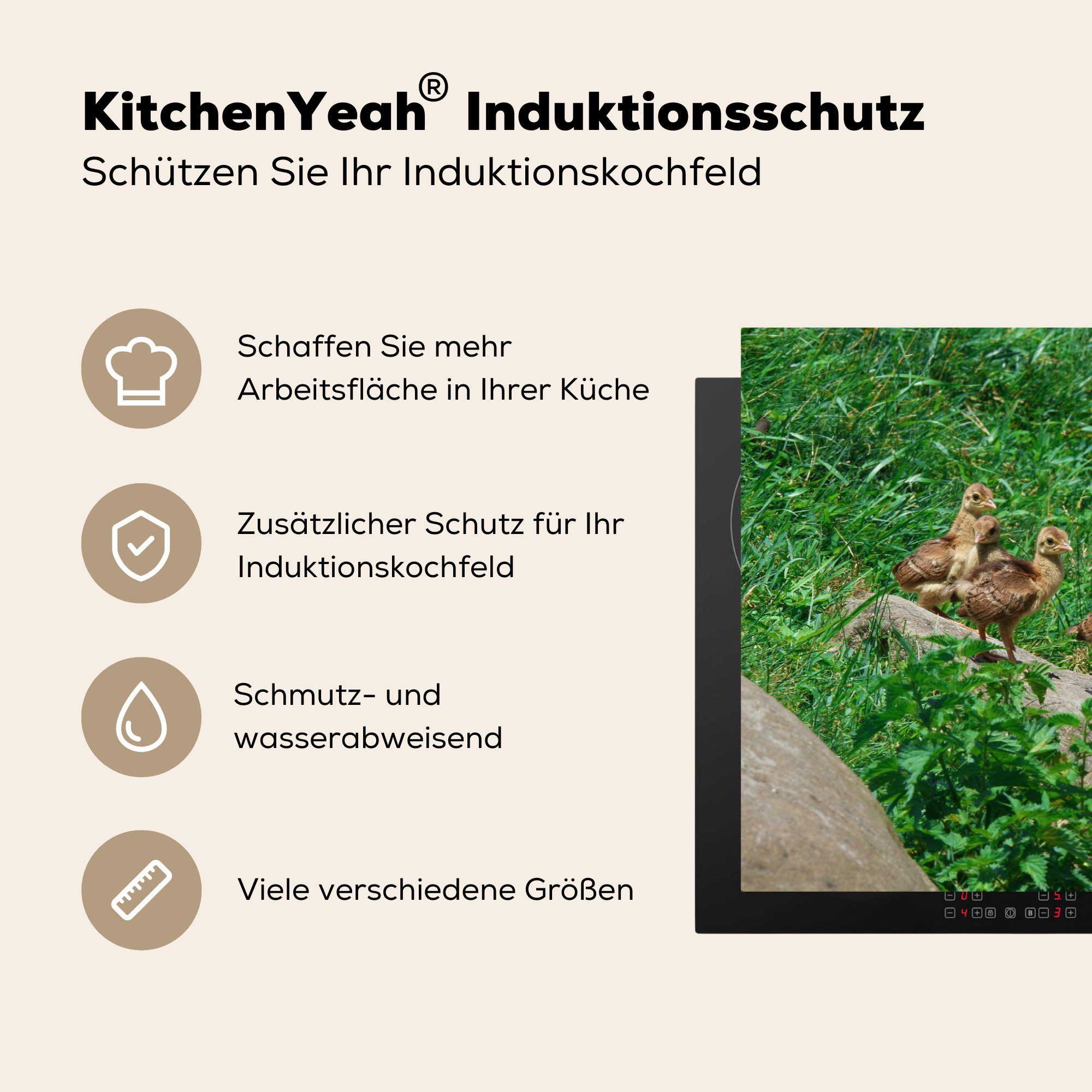 MuchoWow Herdblende-/Abdeckplatte Vinyl, Gras, Induktionskochfeld (1 cm, für Pfau 81x52 Vögel tlg), Ceranfeldabdeckung Schutz - die küche, 