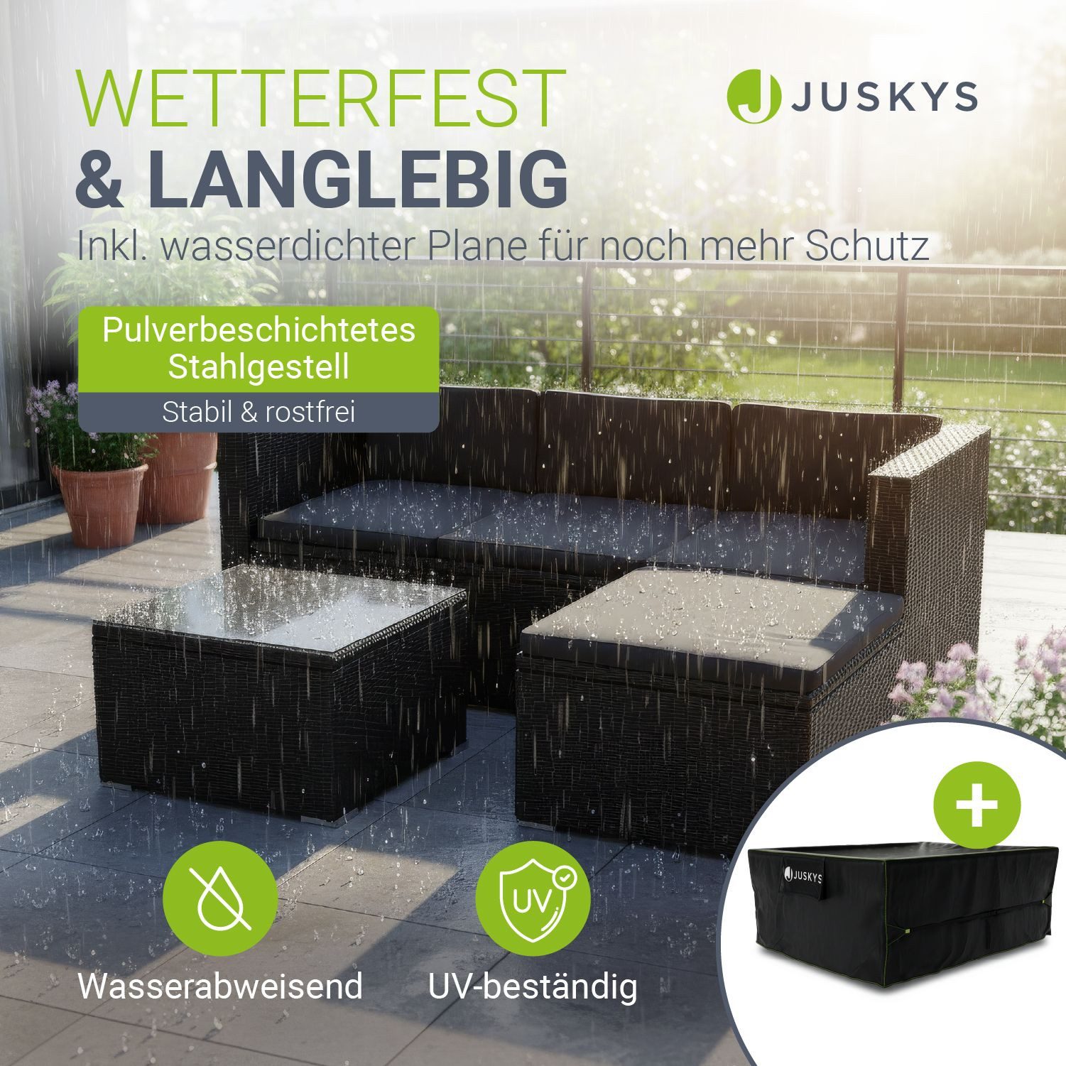 Juskys Gartenlounge-Set Punta Cana, (Set, Sitzgruppe), Polyrattan Sitzgarnitur mit 1 Tisch, 1 Sofa und 1 Hocker, 1 Abdeckung