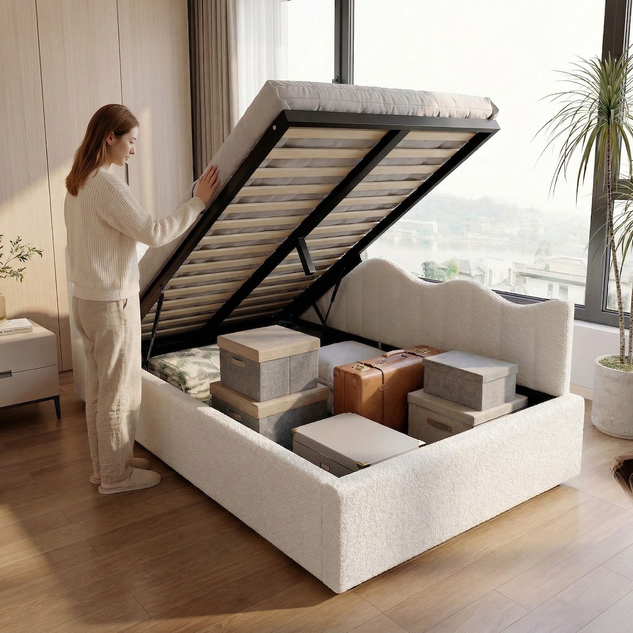 Furnishings Home Polsterbett Daybett Jugendbett Einzelbett (Hydraulisch hebbarer Stauraum, Geeignet für Jungen und Mädchen), Mit LED-Beleuchtung, Teddy-Samt, 90x200 cm