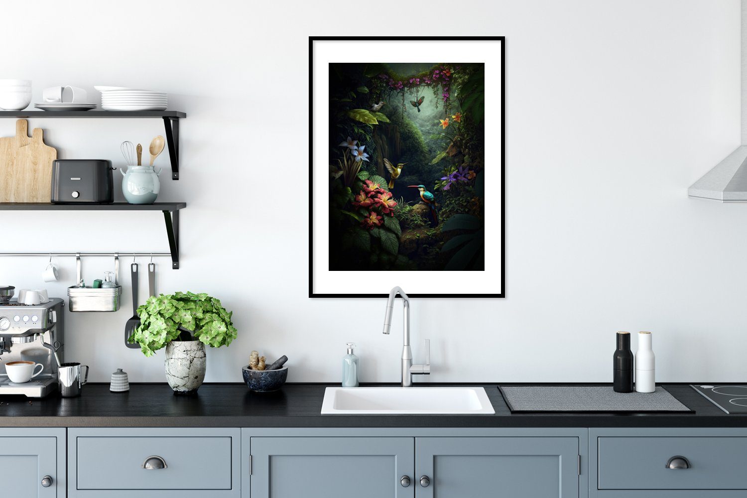 MuchoWow Poster - Schwarzem Dschungel - St), Bilder, Gerahmtes Poster, (1 - Wandposter, Wanddeko, Bilderrahmen Vögel, Blumen Pflanzen