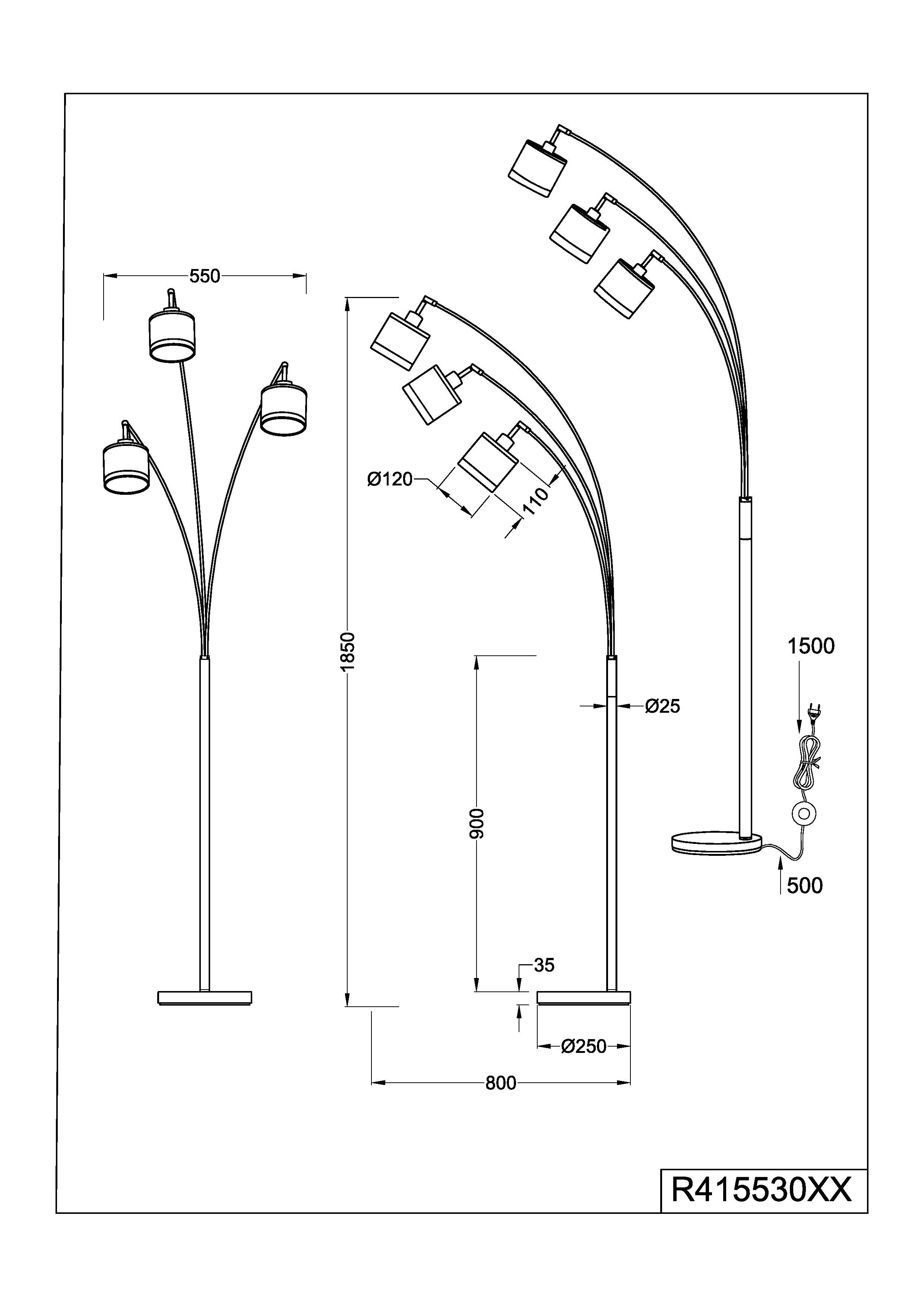 Reality Leuchten Stehlampe DAVOS, Stehleuchte 3-flammig exkl 3xE14 max 28W Fußschalter 185cm hoch, Ein-/Ausschalter, Leuchtmittel wechselbar, warmweiß - kaltweiß, Stehlampe Metall mit 2-farbigen Stoffschirmen Bogenlampe Bogenleuchte