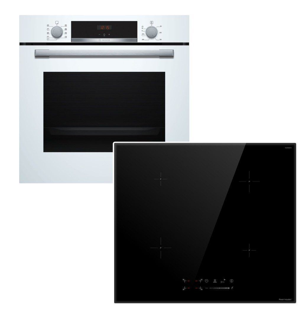 BOSCH Backofen-Set Backofen weiß Hydrolyse+ keenberk Induktionskochfeld Boost TouchSlider, mit Nein, Hydrolyse EcoClean Direct