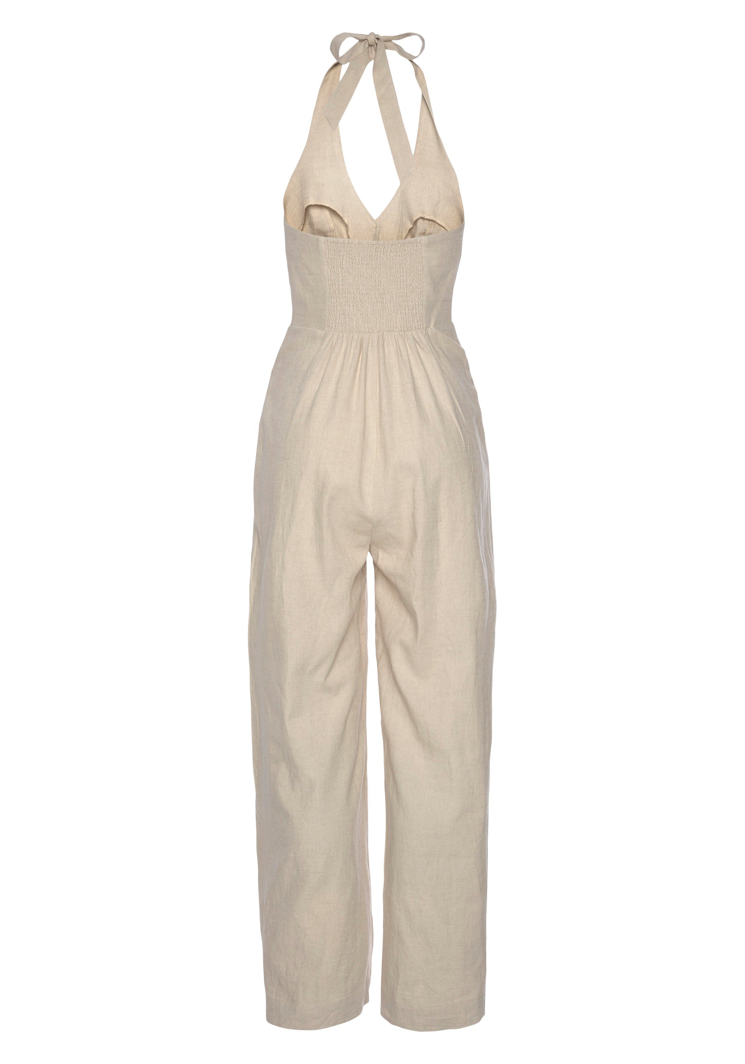 LASCANA Neckholder-Overall aus Leinen-Mix, sommerlicher Jumpsuit mit weitem Bein