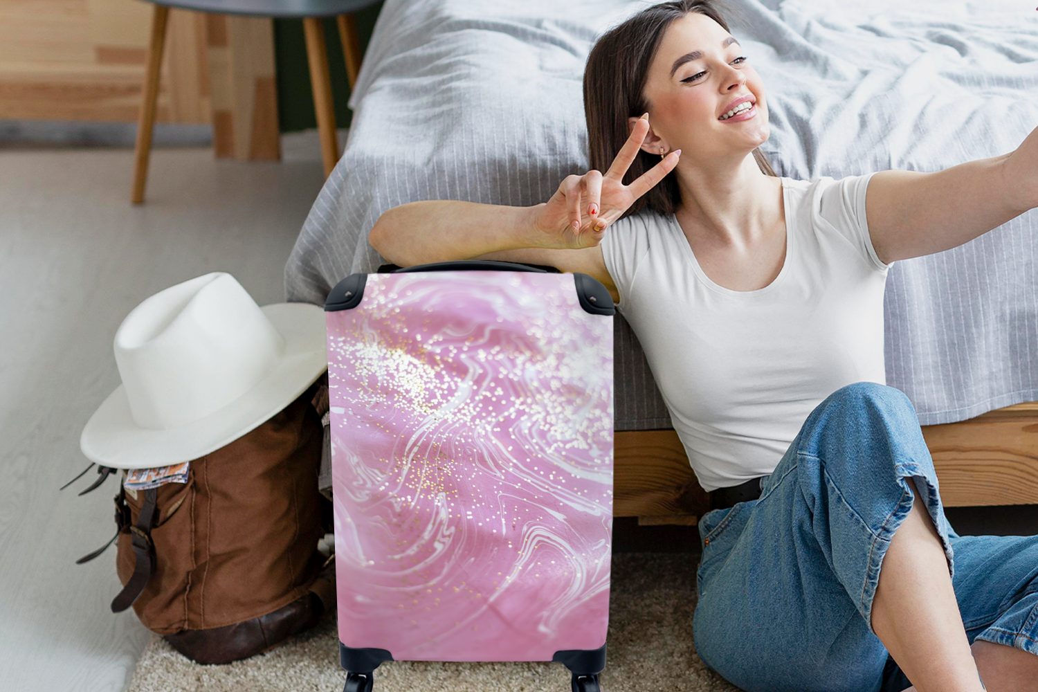 MuchoWow Handgepäckkoffer Marmor - Rosa Rollen, rollen, 4 Trolley, Ferien, Weiß für Reisekoffer mit - - Handgepäck Reisetasche Glitter