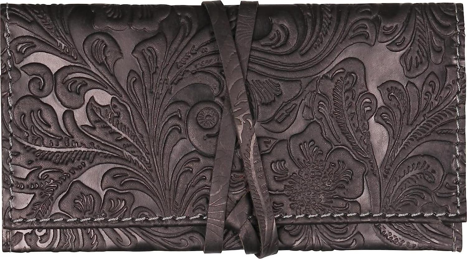 echt & LK Leder Beuteltasche Trend schwarz Zigarettenpapierfach, Leder Drehertasche 16cm mit echt Tabakbeutel Style mit Blumenmotiv Lederband