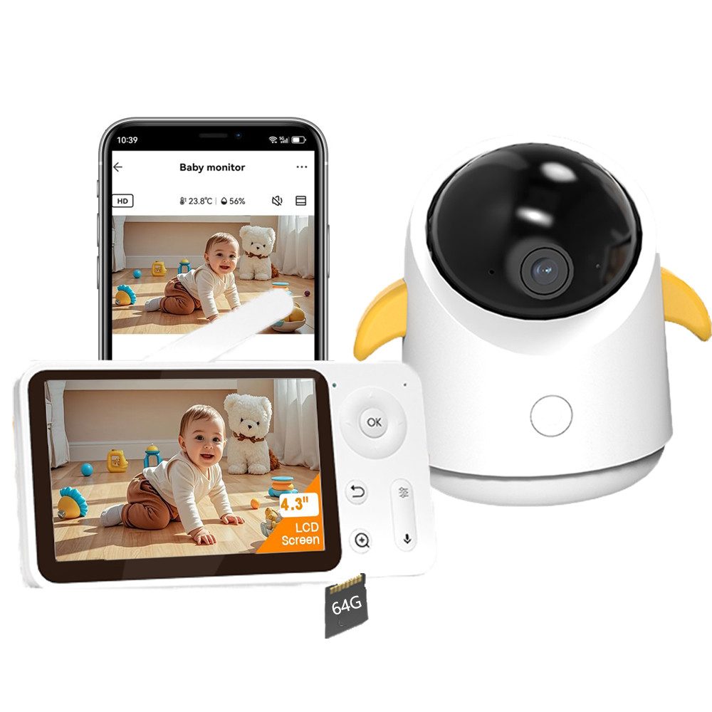 Babyphone 2MP Babyphone mit Kamera und APP 360 Grad 4.3" mit 64G Speicher Karte