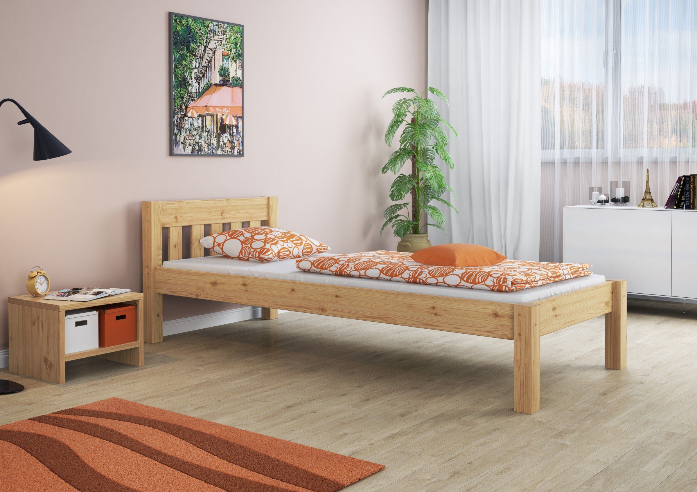 Kieferfarblos Kinderbett 90x190 Kiefer mit ERST-HOLZ Matratze, Kurzes Einzelbett lackiert Rost und