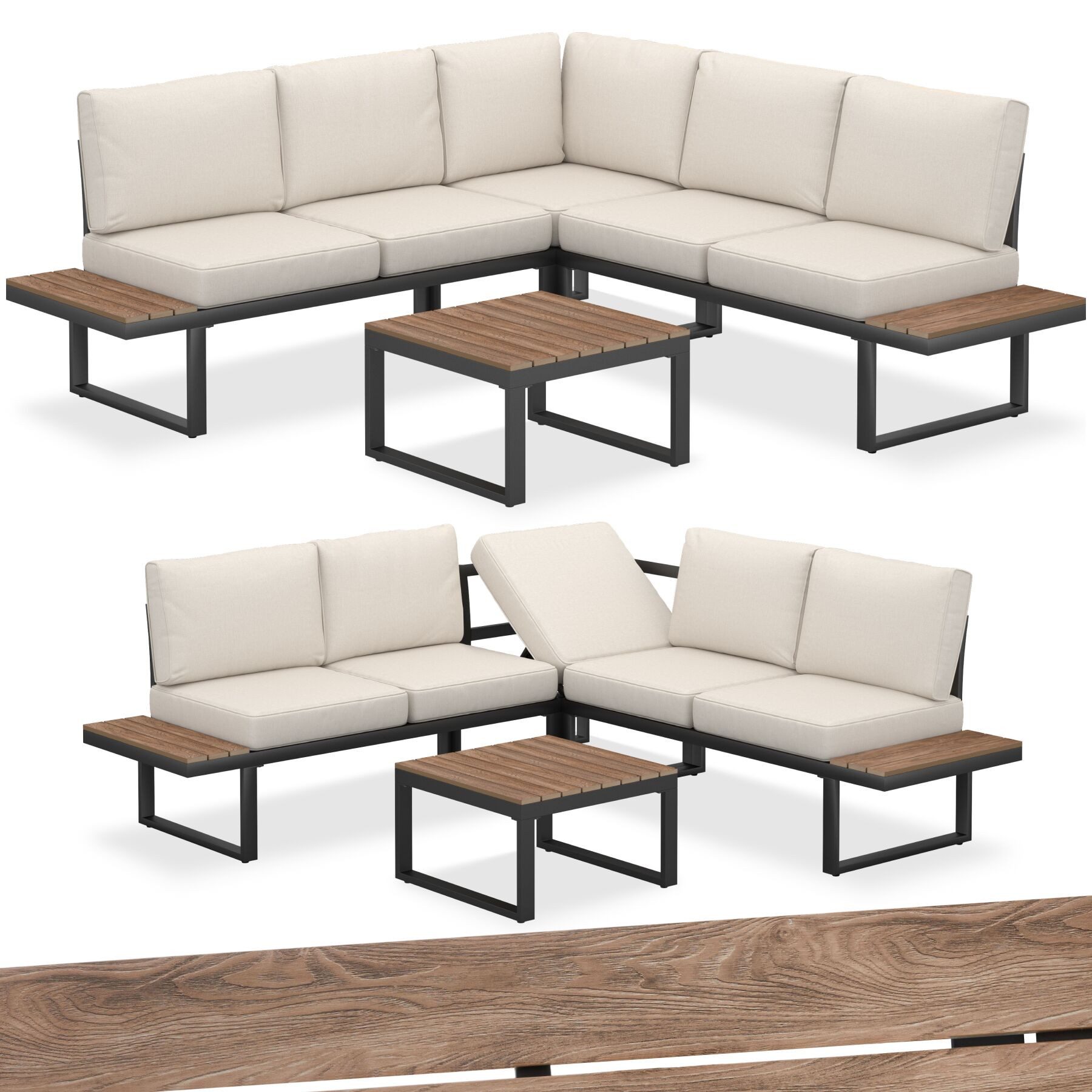 tectake Gartenlounge-Set Aluminium-Outdoor-Lounge, dicke Polster mit abnehmbaren Bezügen, (Garten-Sitzgruppe Eliar, 1-tlg., in schwarz), Wetterfest, verstellbare Ecklehne, Ablageflächen in Holzoptik