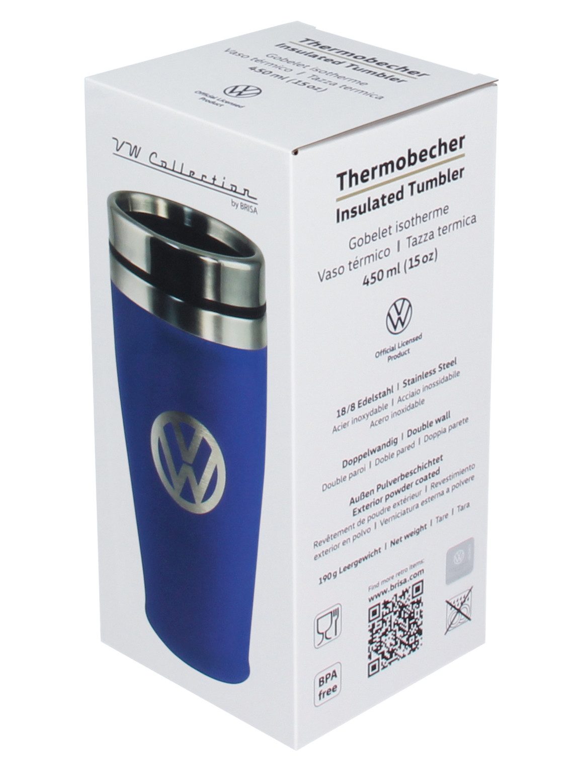 VW Collection by BRISA Coffee-to-go-Becher Volkswagen Isolierter-Edelstahl Thermobecher, Edelstahl, Stilvoller blauer Travel Mug mit VW Logo, 450ml – Bild 4 von 5