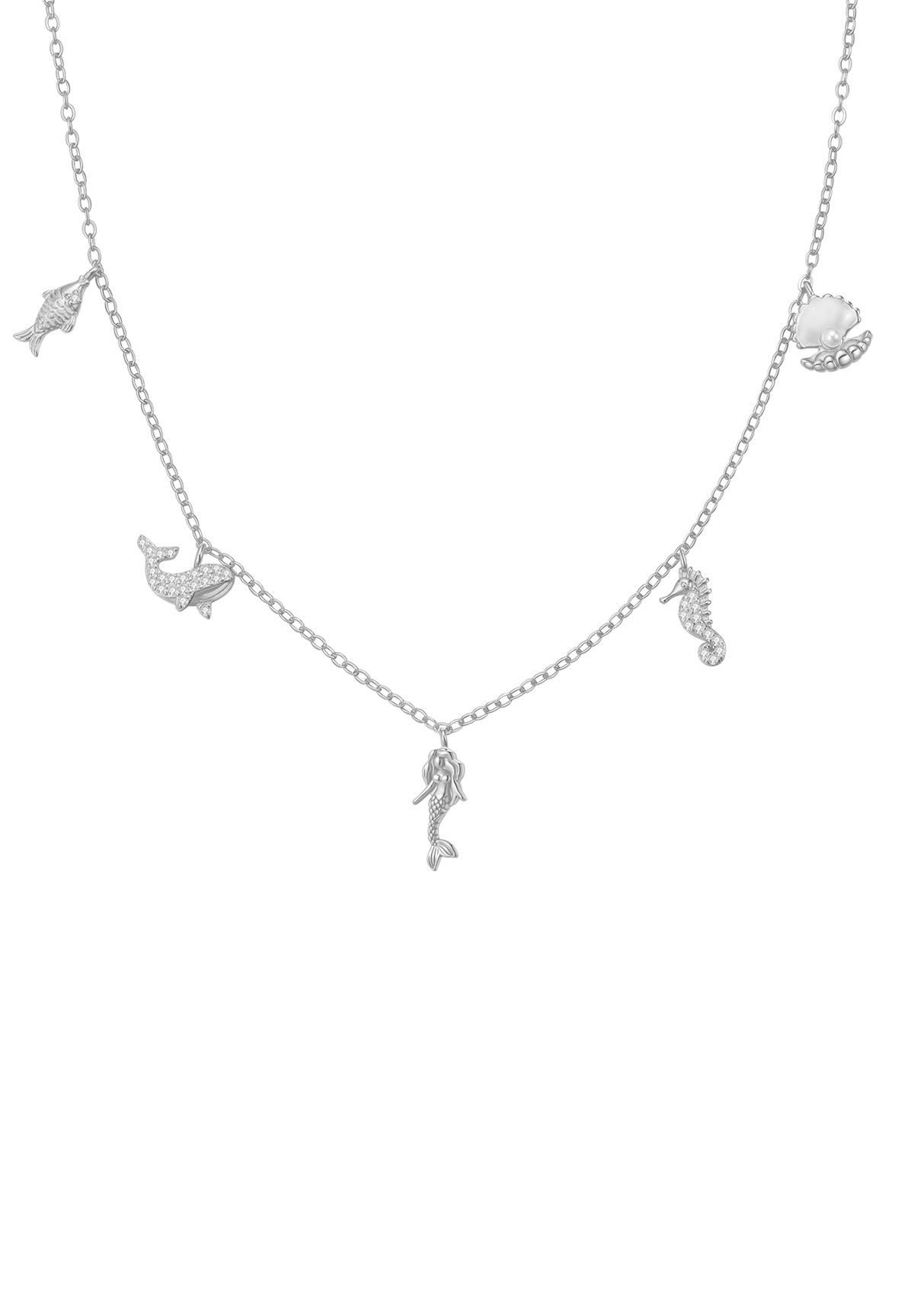 Hey Happiness Charm-Kette mit maritimen Anhängern, mit Zirkonia, Damen Silberkette aus 925 Silber vergoldet, Meer-Motiven