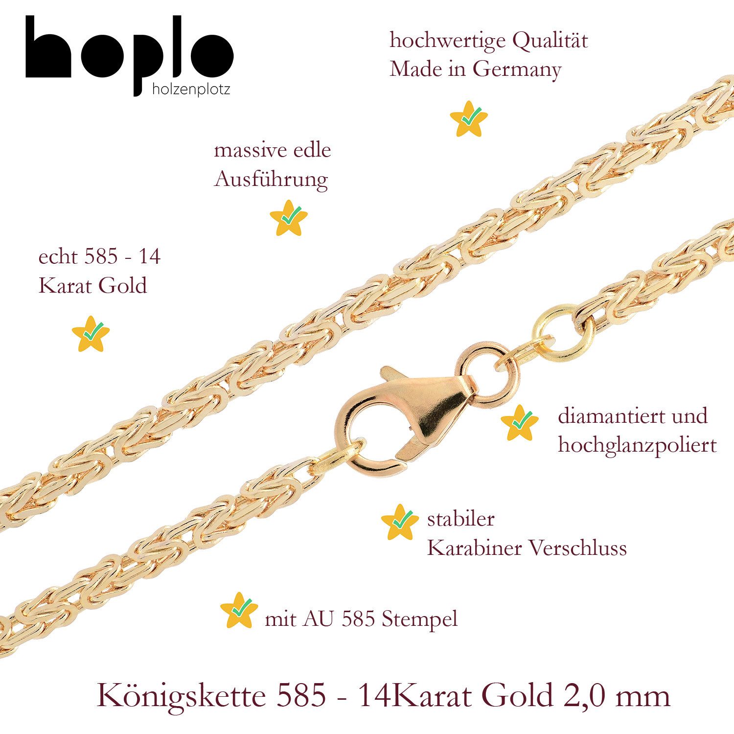 HOPLO Königskette Goldkette Königskette Armkette Breite 2,0 mm 21 cm 585 - 14 Karat Gold, Made in Germany