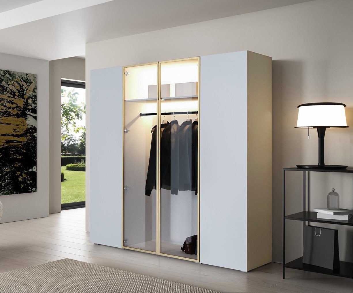 Compleo Kleiderschrank Drehtürenschrank, Designer-Schrank mit modernem Look STELLS LED-Beleuchtung, Push to open Funktion