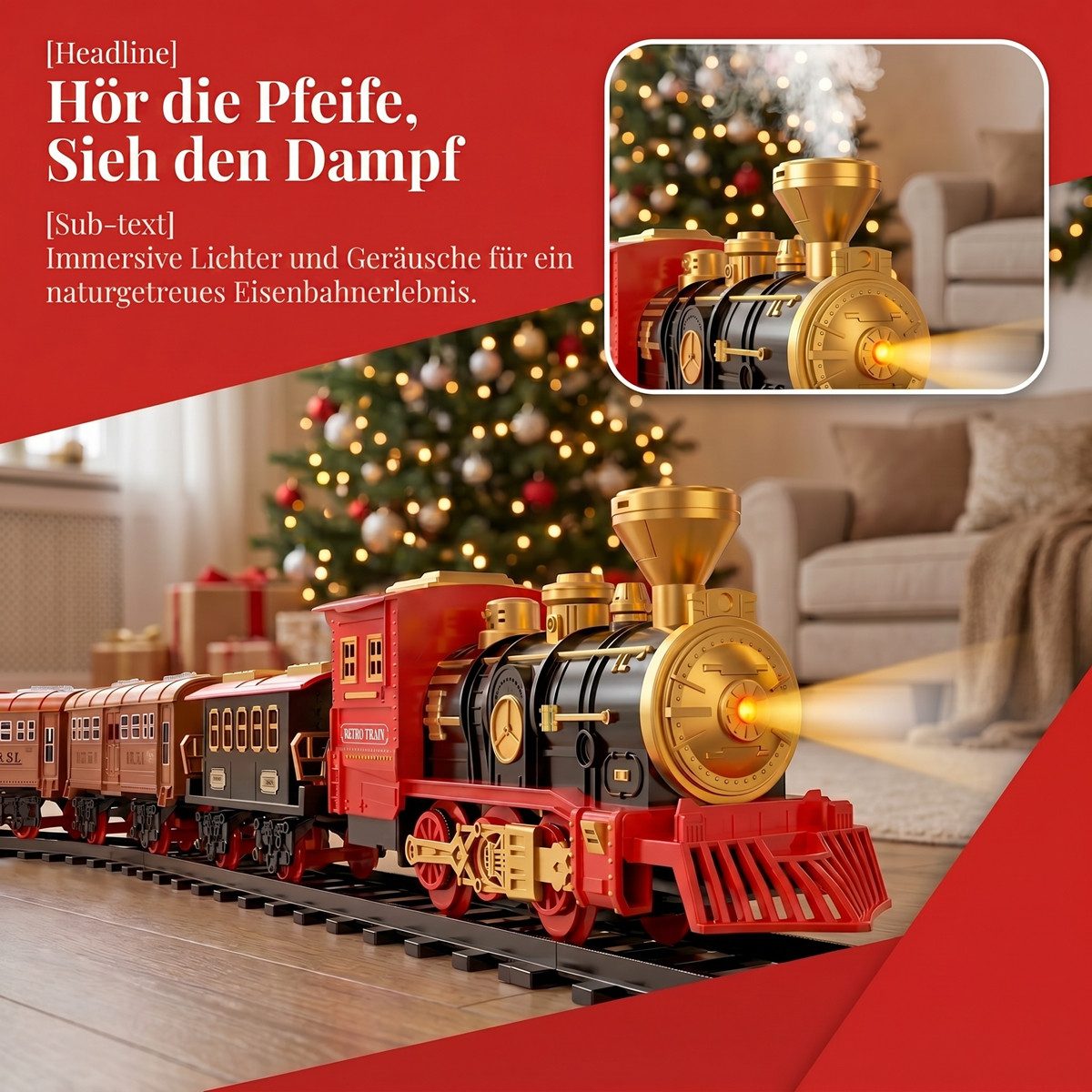 TEMI Spielzeug-Zug Elektrische Dampfeisenbahn Spielzeugset mit Rauch & Licht, (Set, 1)