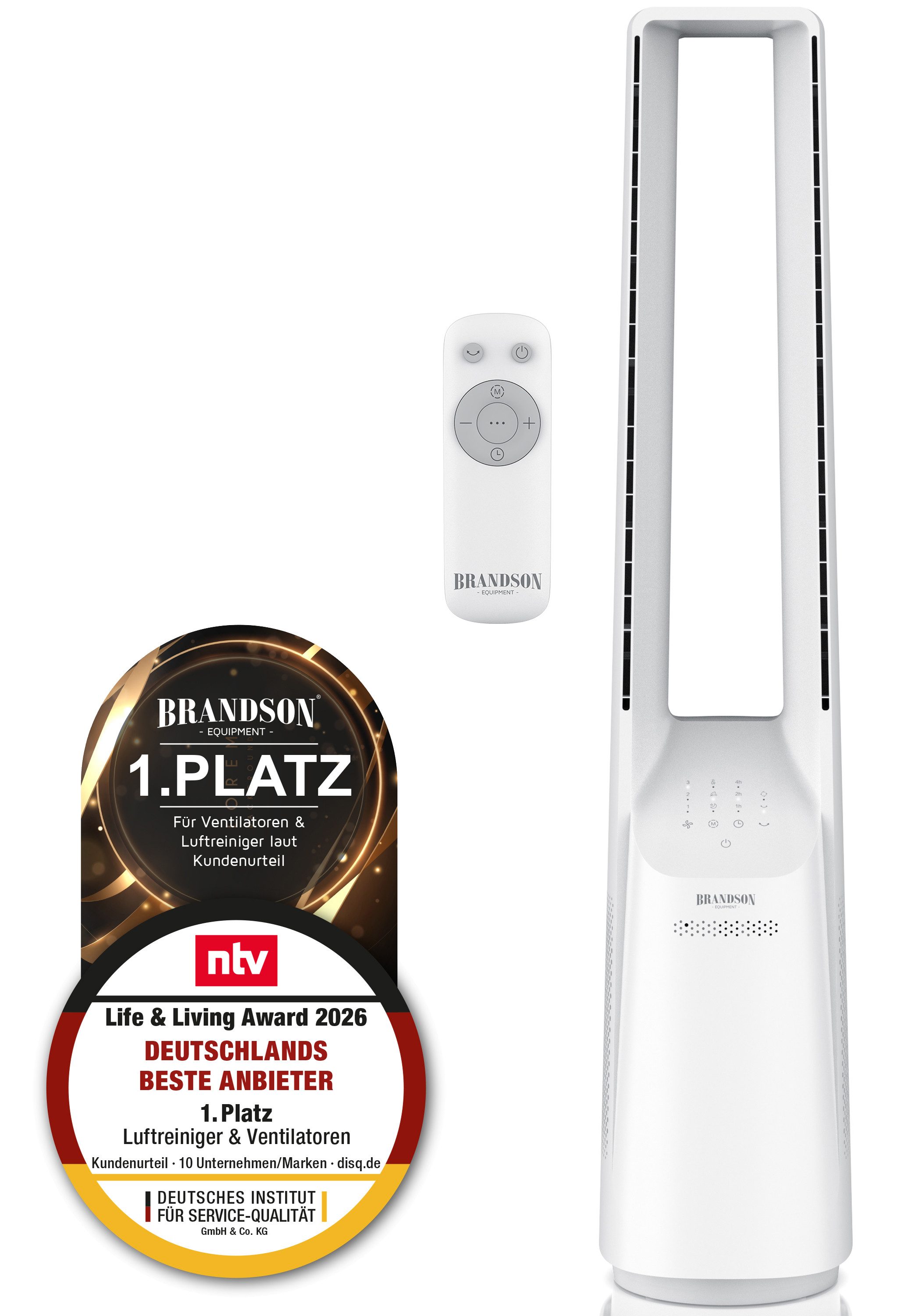 Brandson Turmventilator DC-Motor Säulenventilator leise, Sieger Ventilatoren & Luftkühler 2026, Blattlos, Timer, Fernbedienung, Oszillation, 3 Modi, Touch, rotorlos