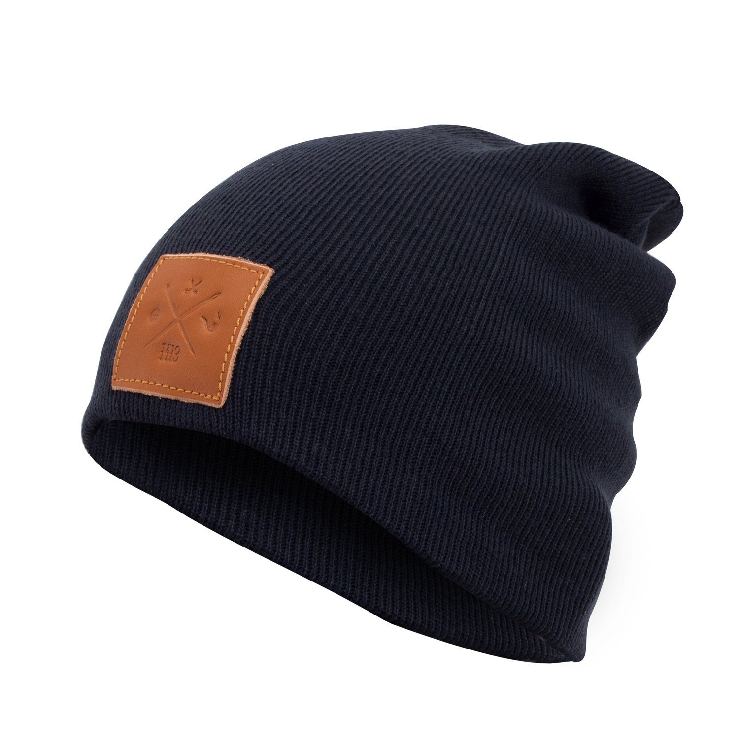 Manufaktur13 Beanie Slouch Beanie - Long Beanie, Mütze, lang, Strickmütze mit Echt-Leder/Stick Veredelung