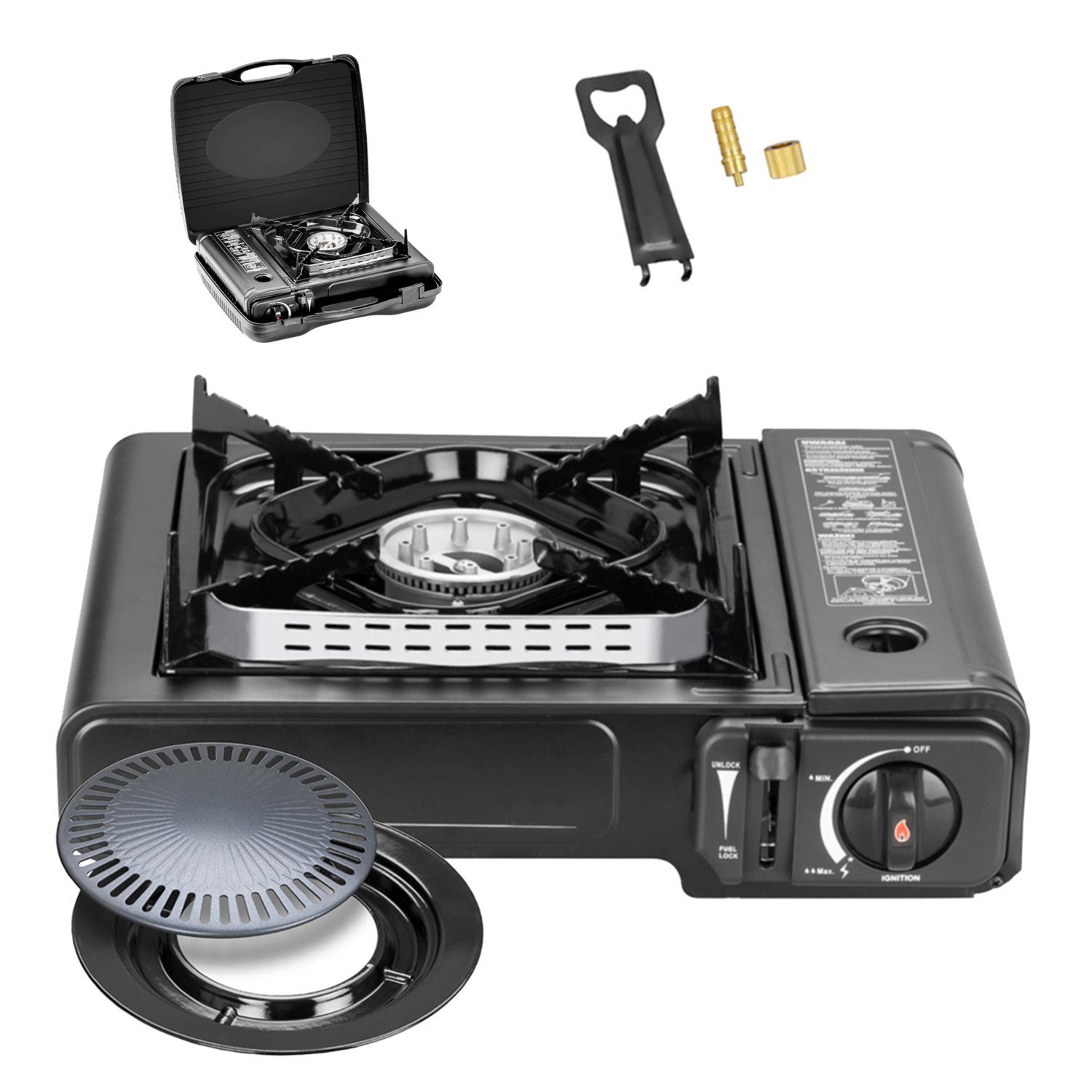 Mianova Gaskocher Campingkocher 2in1 LPG Anschluss + 4 Gaskartuschen + Grillplatte, (Outdoor Gaskocher mit Adapter, Tragekoffer und Piezzo-Zündung), Notfallkocher Campinggrill Tischgrill Campingherd