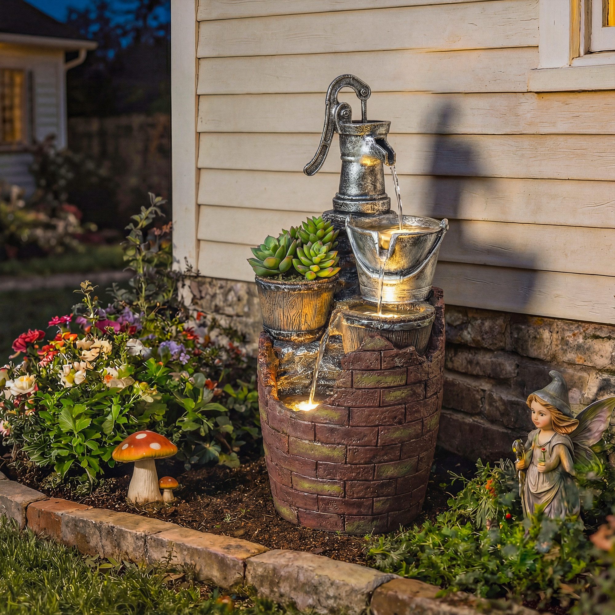 Outsunny Gartenbrunnen mit LED Beleuchtung, Pflanzkübel, Pumpe, 34 cm Breite, Wasserbecken BxT: 31x31 cm, (Springbrunnen, 1 tlg., Zimmerbrunnen), für Garten Rasen 34 x 31 x 76 cm