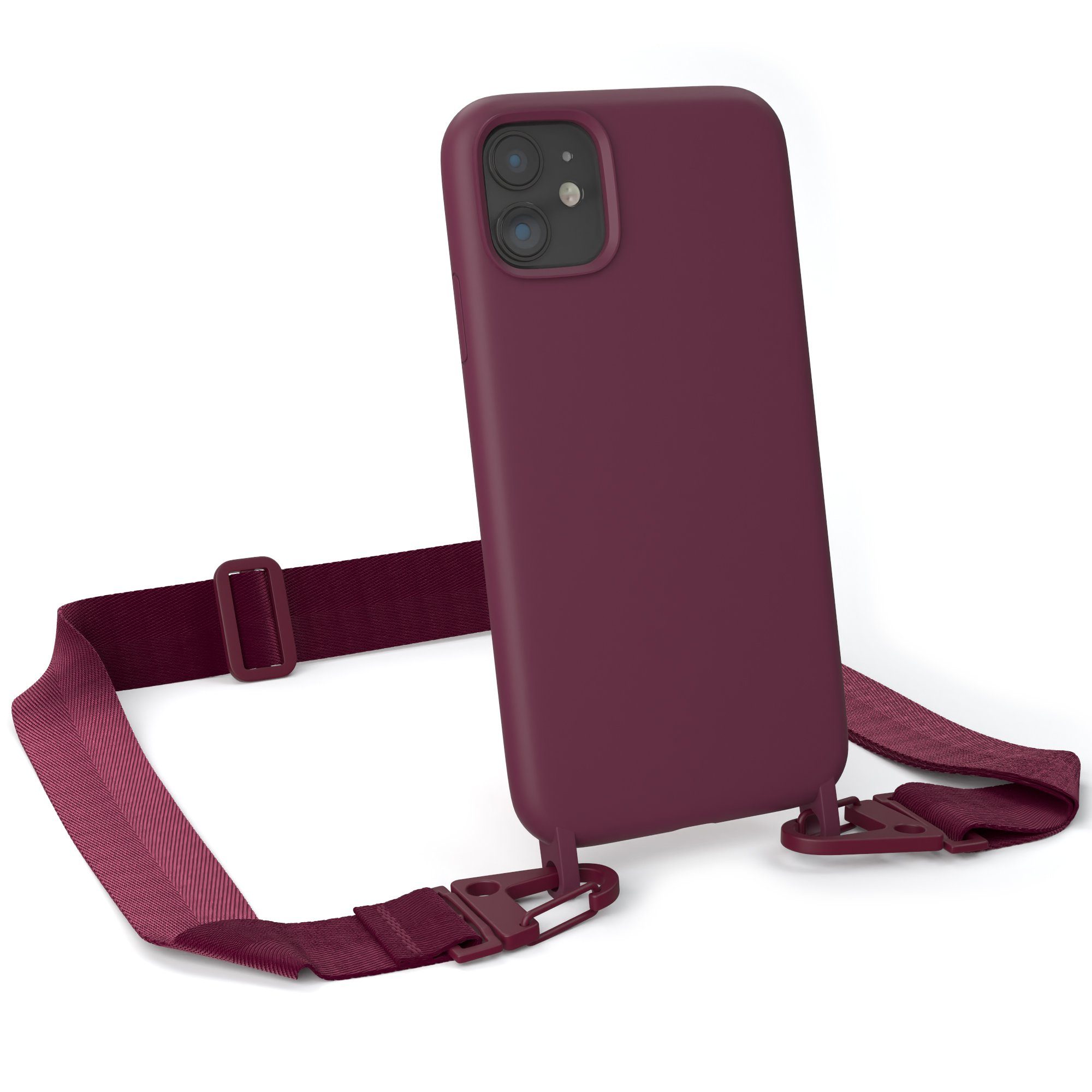 EAZY CASE Handykette Karabiner Breitband für Apple iPhone 11 6,1 Zoll, Smartphonekette Cover Silikonhülle Umhängetasche in Burgundy Rot Beere