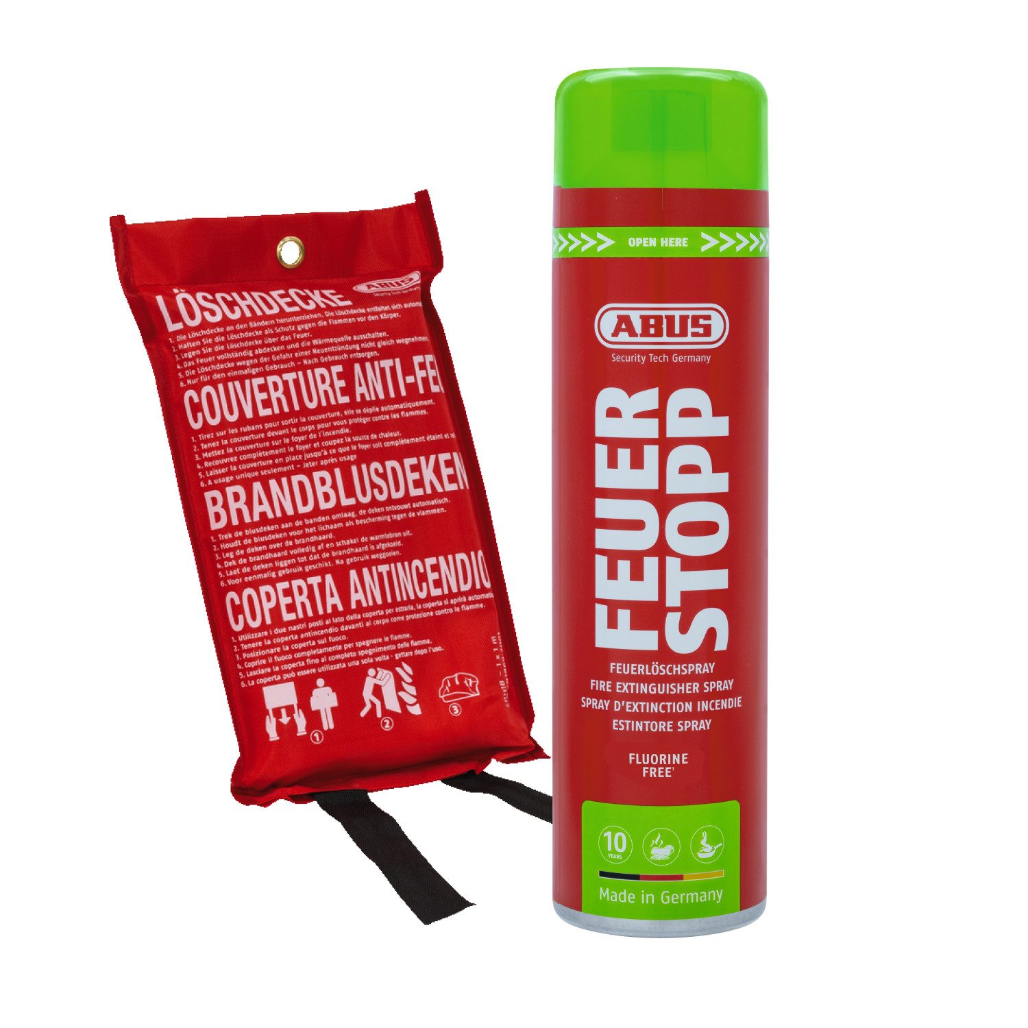 ABUS Feuerlöschspray Feuerstopp AFS625 Feuerlöschspray und Löschdecke LD1118, Zum Löschen von Entstehungsbränden der Brandklassen 5A und 5F