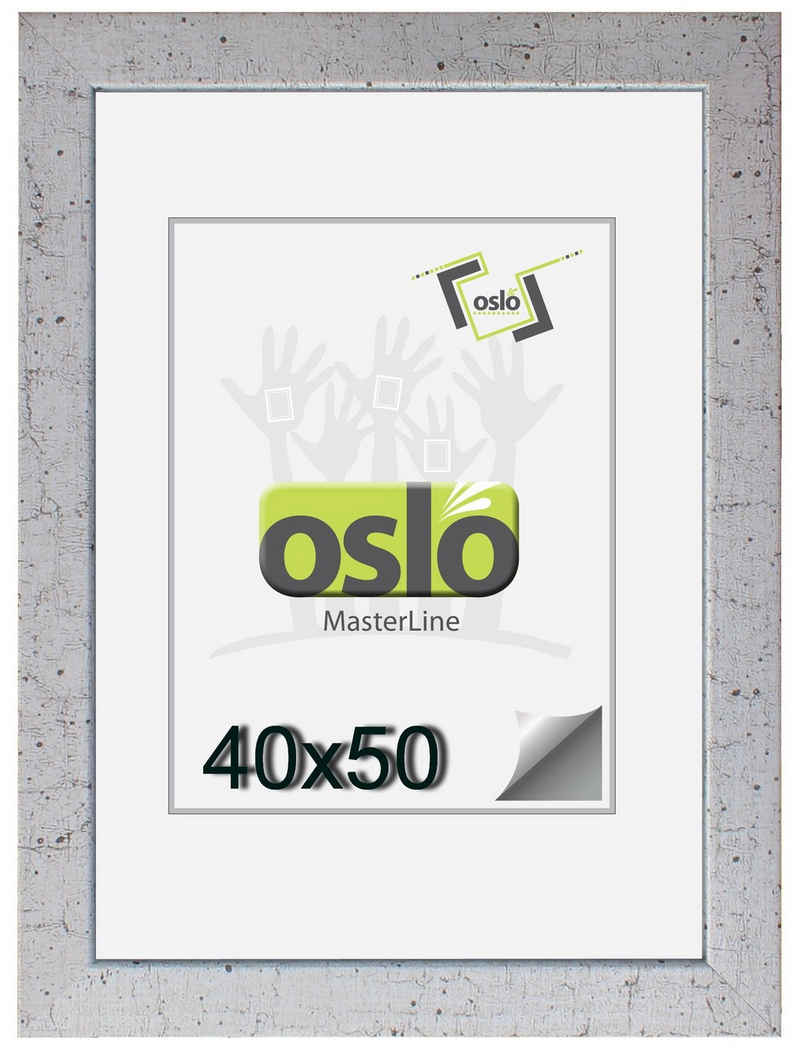 Oslo MasterLine Einzelrahmen Bilderrahmen 40 x 50 cm Holz massiv FSC Echtglas Hoch- und Querformat, Portraitrahmen silber