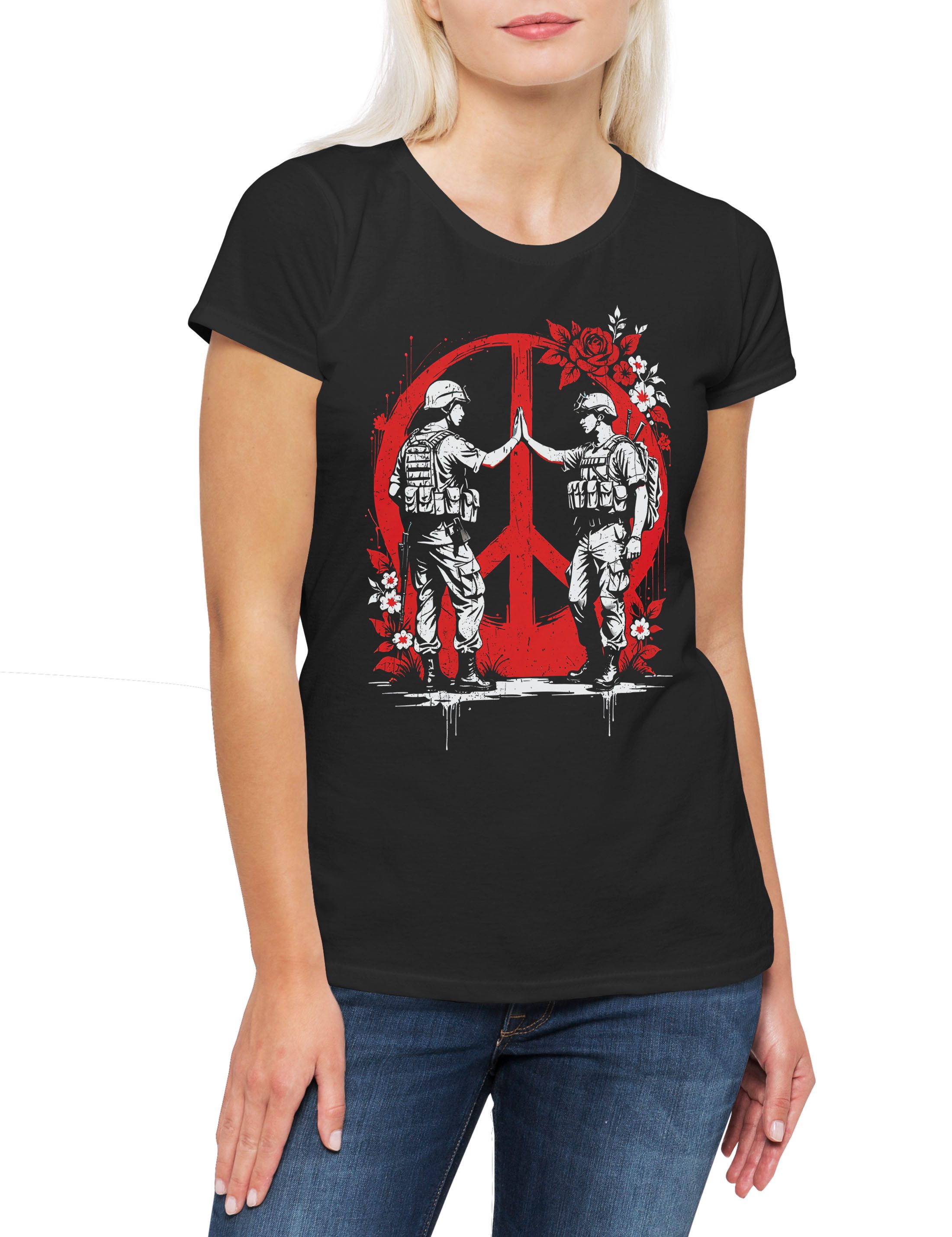 Urban Backwoods Print-Shirt Peace Soldiers Damen T-Shirt Modern Art Artist Banksy Graffiti Street (1-tlg) Art Logo Symbol Moderne