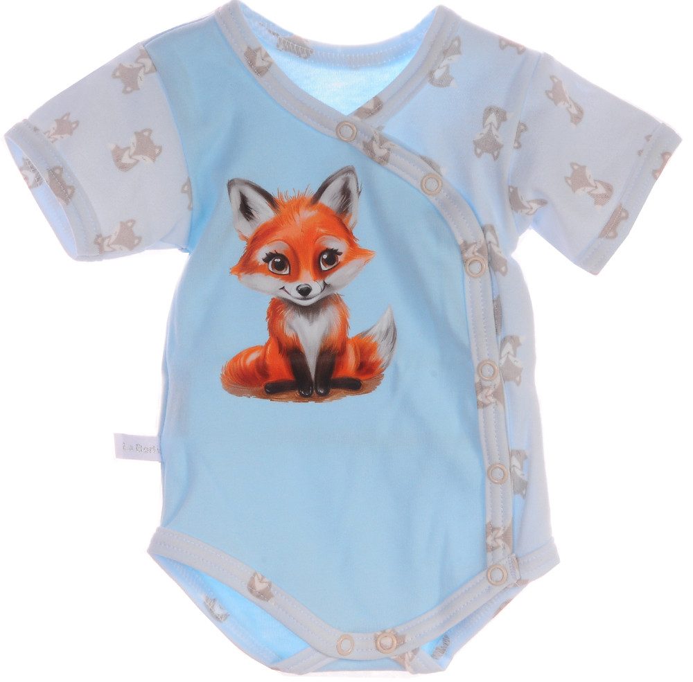 La Bortini Wickelbody Baby Body Kurzarmbody mit Fuchs Aufdruck in Blau neutral aus reiner Baumwolle, 44 50 56 62 68 74 80 86 92 98