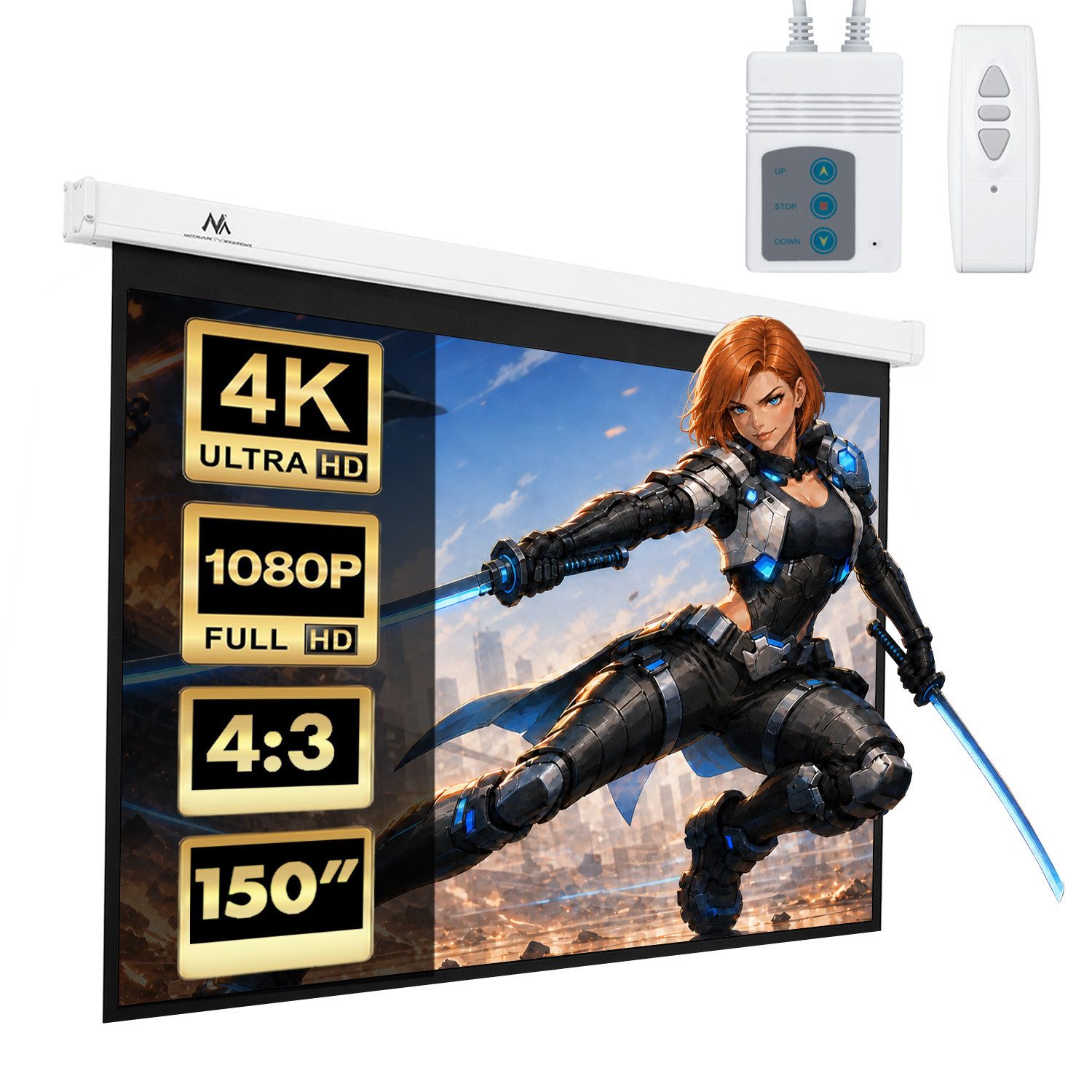 Maclean MC-552 150 Zoll 4:3 – Elektrische Beamer Leinwand mit Fernbedienung Motorleinwand (Wand & Deckenmontage, Gain 1.0, Matt Weiß (300x220 cm)