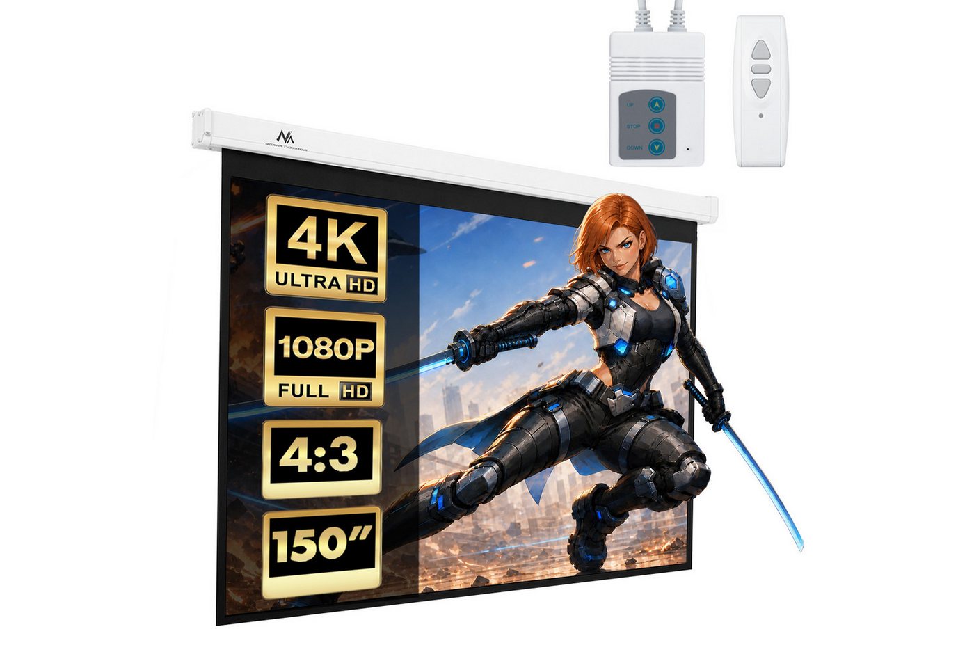 Maclean MC-552 150 Zoll 4:3 – Elektrische Beamer Leinwand mit Fernbedienung Motorleinwand (Wand & Deckenmontage, Gain 1.0, Matt Weiß (300x220 cm)