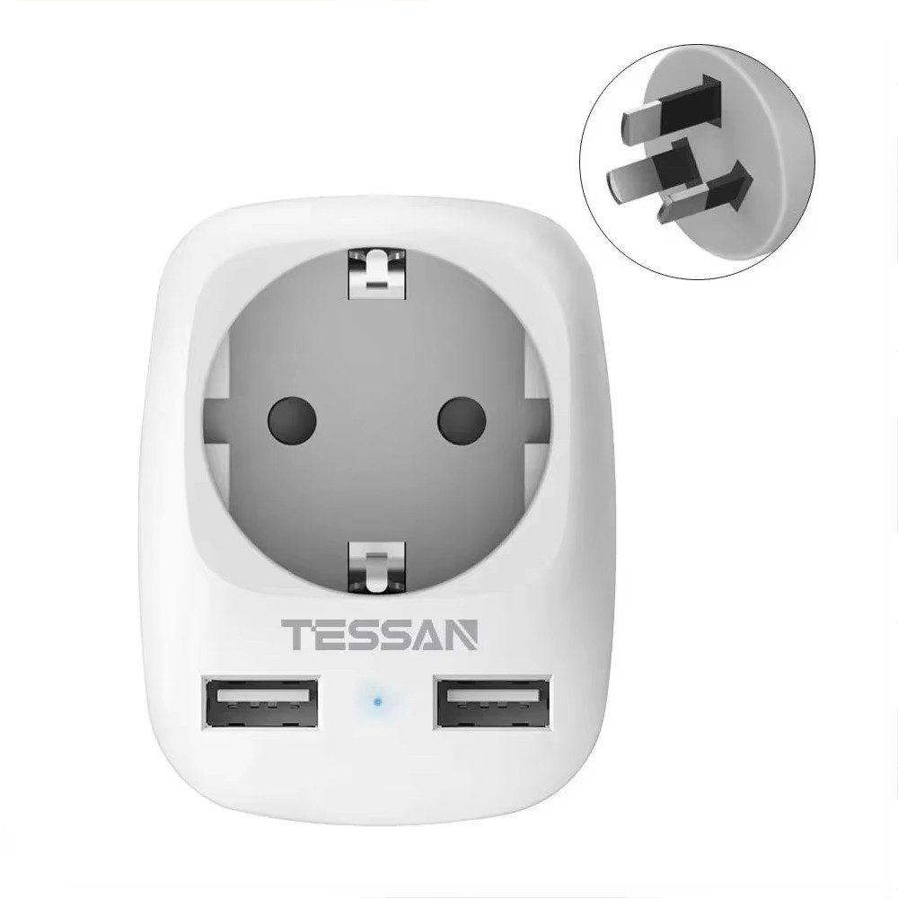 TESSAN Reiseadapter Schuko Stecker mit 2 USB Mehrfachsteckdose Adapterstecker Reiseadapter Typ I zu USB Typ A