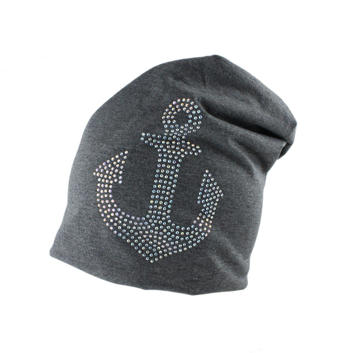 Sonia Originelli Beanie Beanie Mütze mit Strass Anker und Fleece Futter Anker dunkelgrau