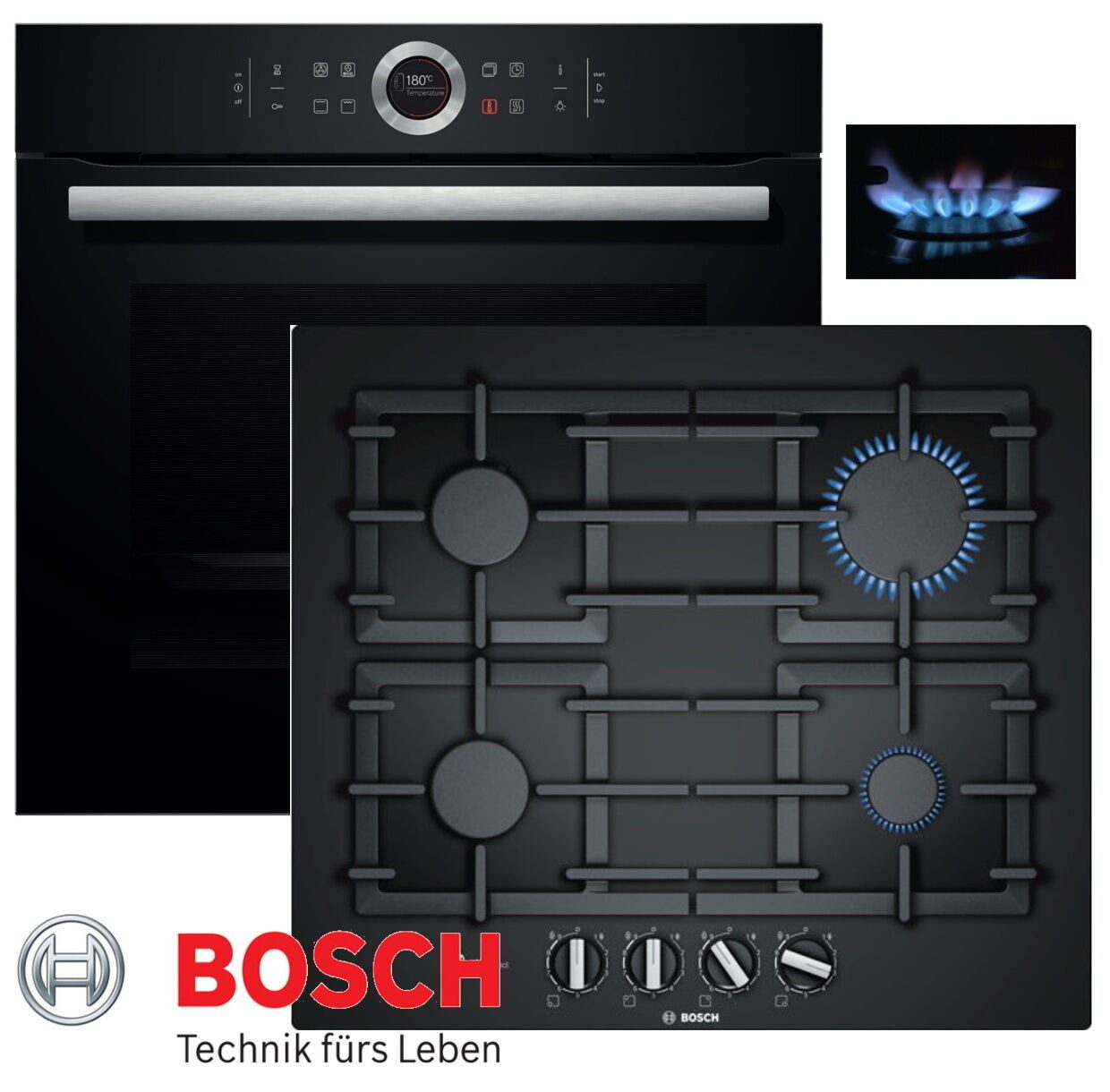 BOSCH GasherdSet Bosch GasHerdset Autark Backofen Serie8 Schwarz + GasKochfeld Glas, mit 1