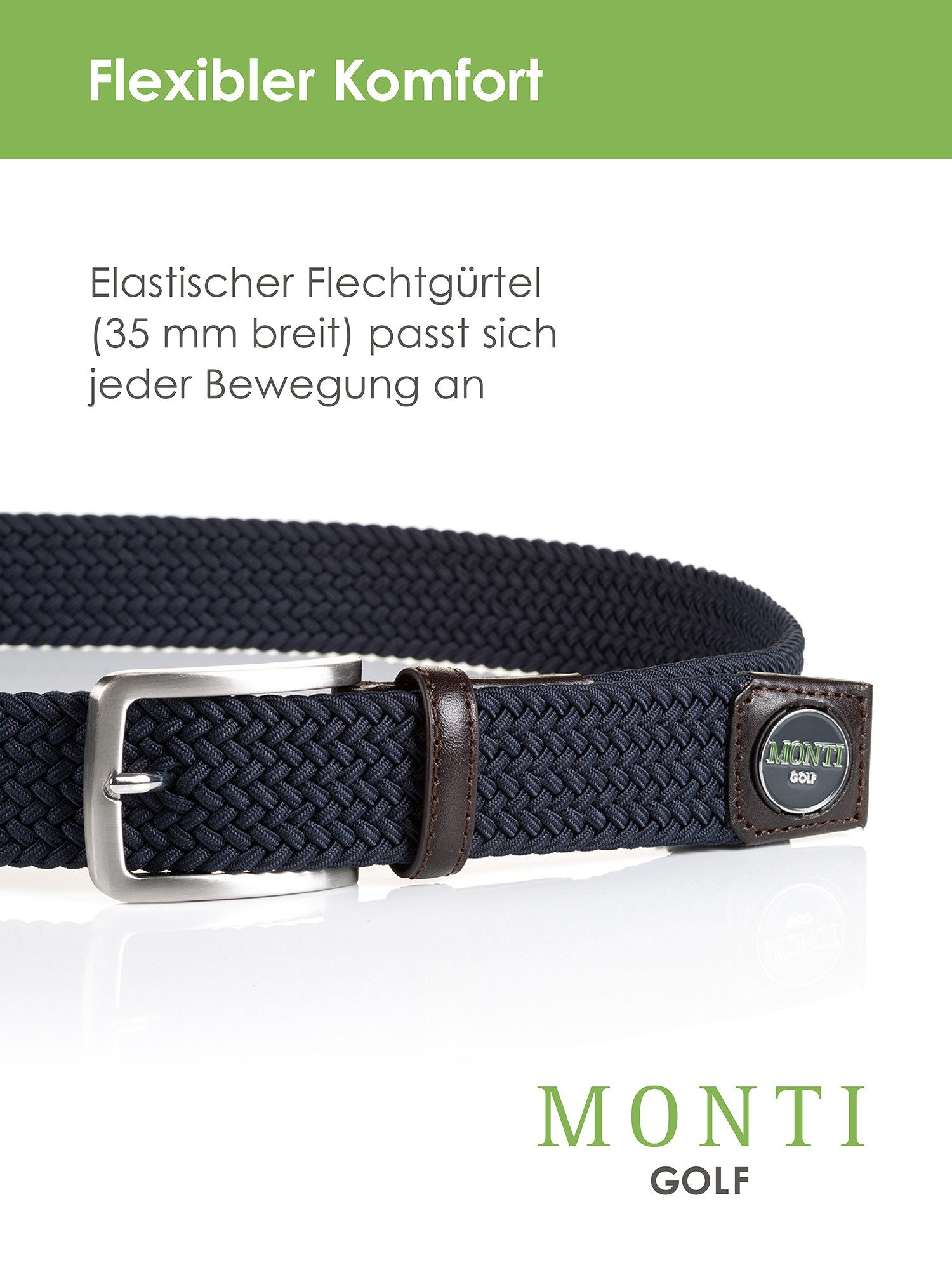 MONTI Flechtgürtel BIRDIE elastisch, integrierter Ballmarker magnetisch, 3,5 cm breit