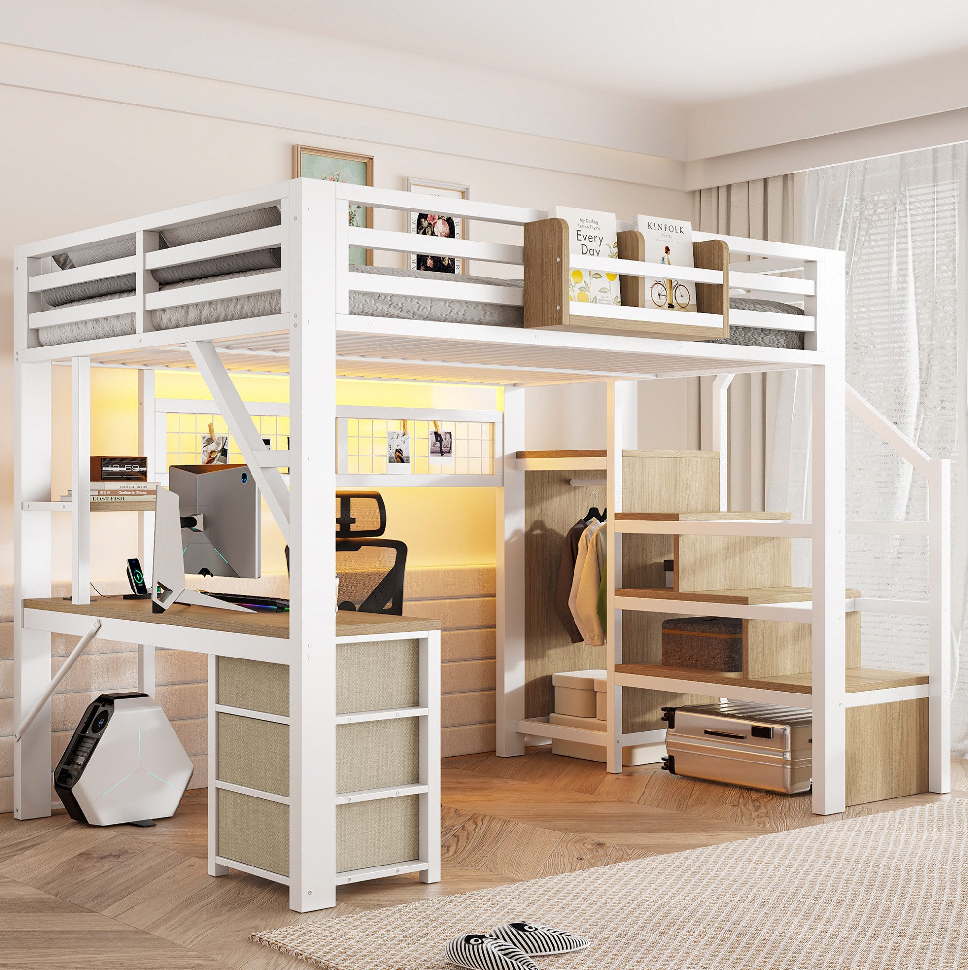 MODFU Hochbett Schlafbett mit Schreibtisch, Stauraumfächern und Schrankelement (Packung, 1-St., Bettgestell aus Metall mit Schubladen für Kinderzimmer Nutzung) 140x200cm Metallbett Aufbau Weiß mit LED Beleuchtung ohne Matratze