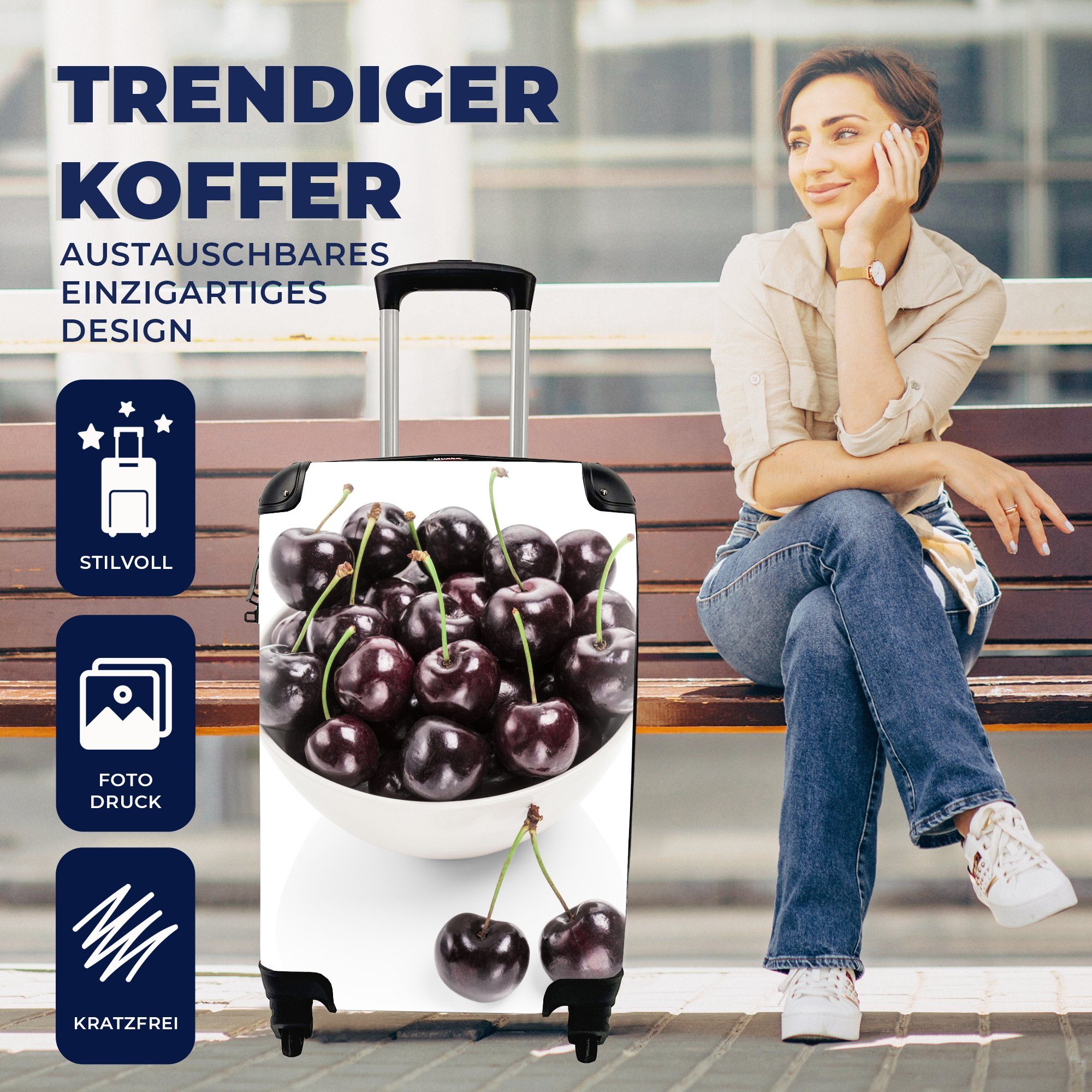 Reisetasche Schale mit Handgepäck Kirsche Rollen, - - Trolley, Ferien, 4 Handgepäckkoffer Weiß, für rollen, MuchoWow Reisekoffer